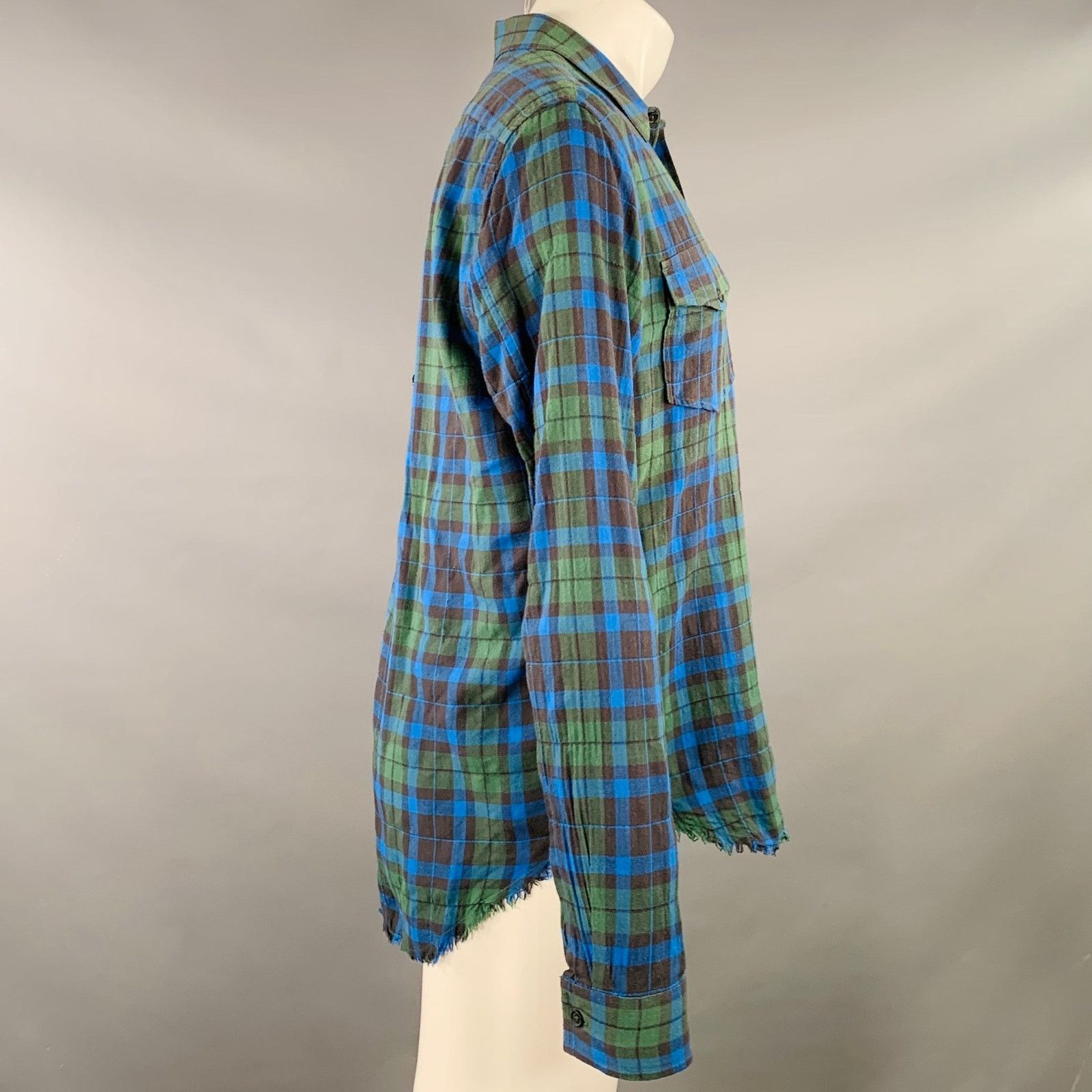 Vince Green Blue Plaid Cotton Blend Raw Edge Long Sleeve Shirt Size US S / EU 44-46 / 1 - 2 Thumbnail