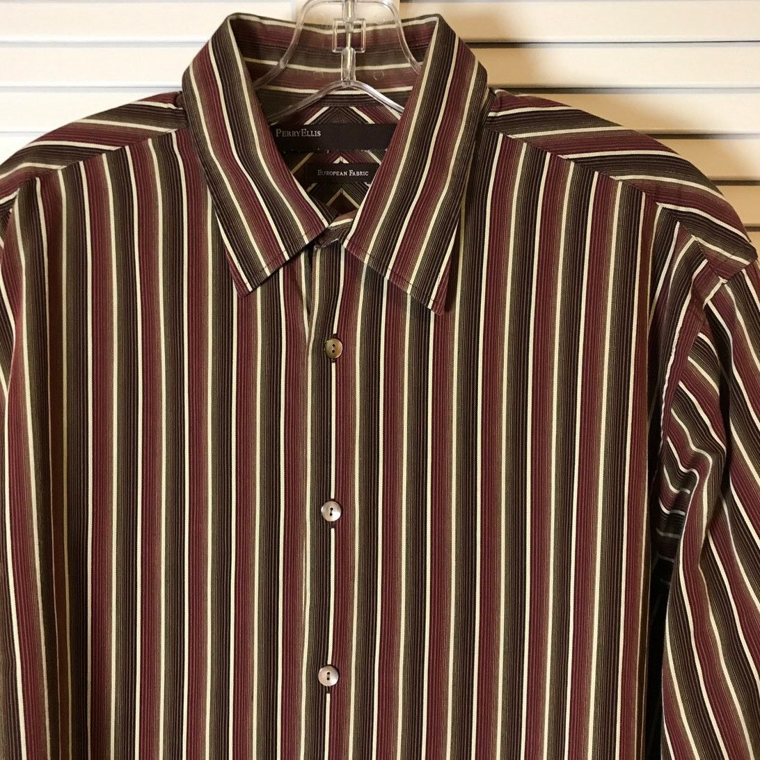 Perry Ellis Perry Ellis Brown Striped Collared Long-Sleeve Mens Shirt L Size US L / EU 52-54 / 3 - 6 Thumbnail