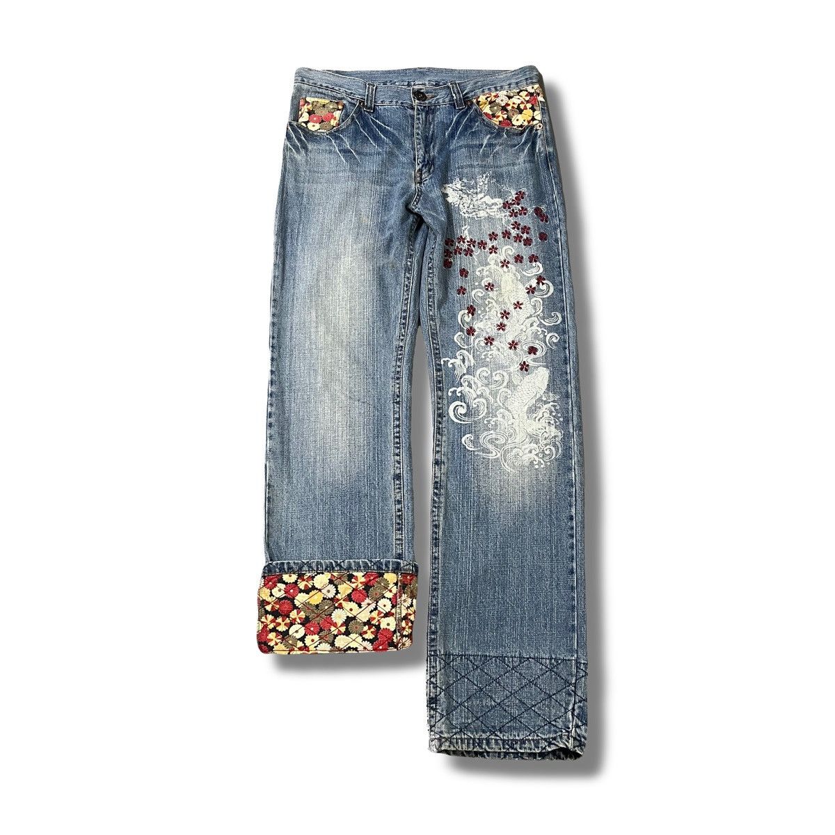 Japanese Brand Vintage Japanese Sakura & Crane Wave Embroidery Denim Size US 34 / EU 50 - 1 Thumbnail