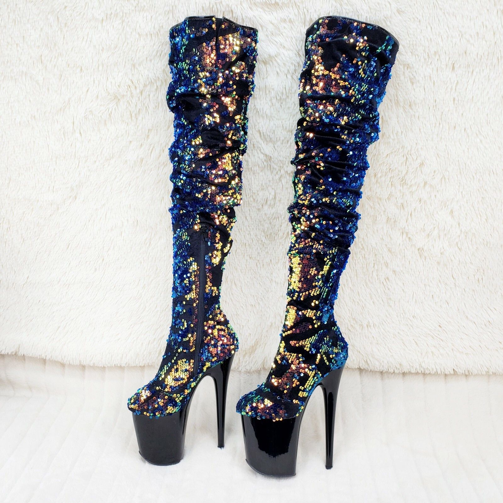Other Flamingo 3004 Blue Sequin Slouchy Platform Thigh High Boots Size US 8 / IT 38 - 4 Thumbnail