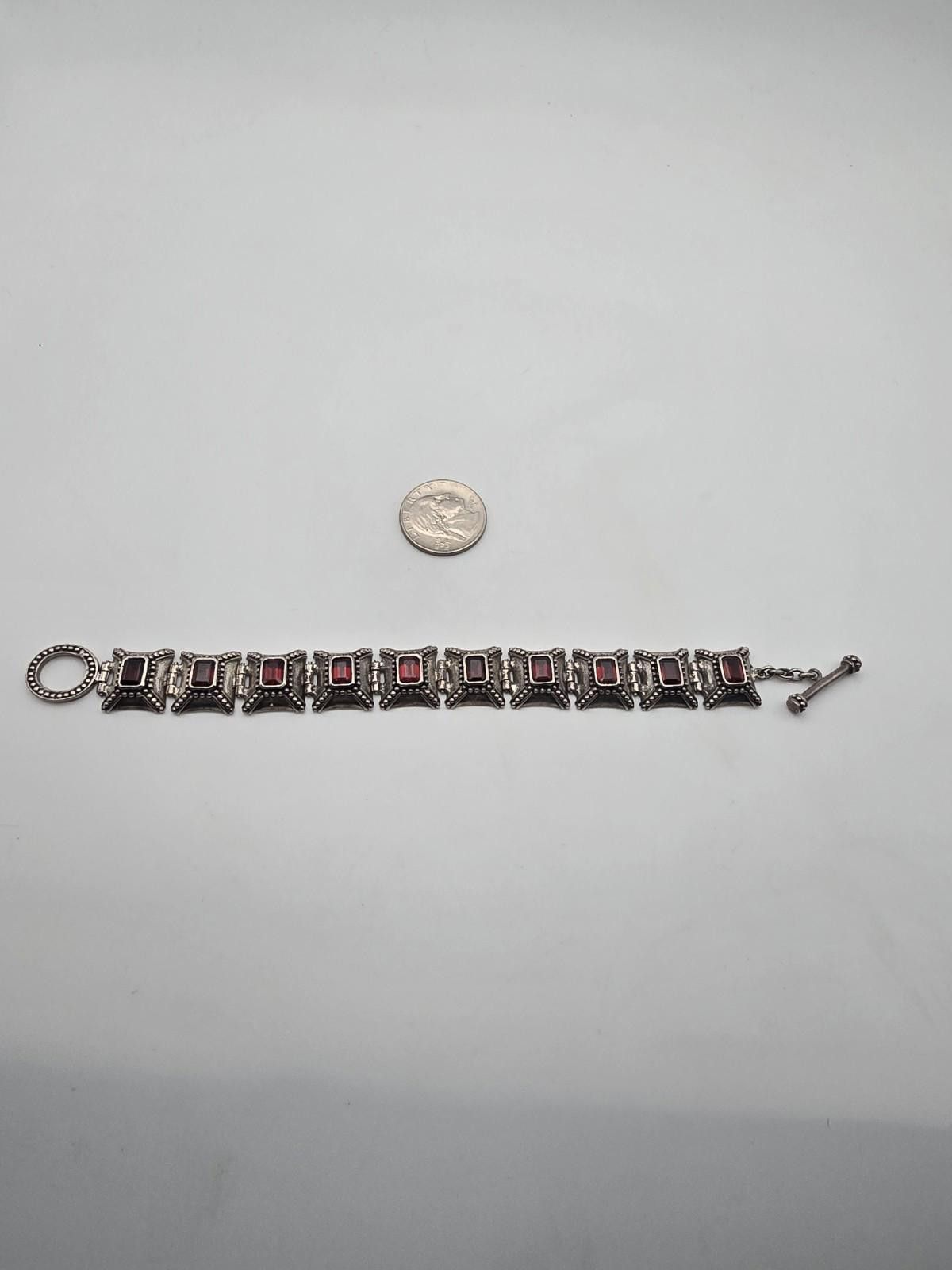 Chalk Line Vintage 925 Sterling Silver Garnet Link Bracelet 7.5" Heavy Size ONE SIZE - 1 Thumbnail