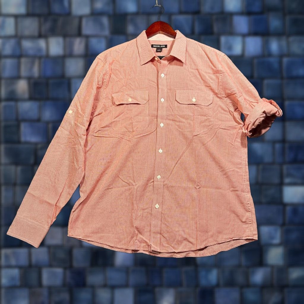 Michael Kors Michael Kors Shirt Mens Large Orange Gingham Check Cotton Roll Tab Sleeve Pocket Button-Up Cardigan? Size US L / EU 52-54 / 3 - 1 Thumbnail