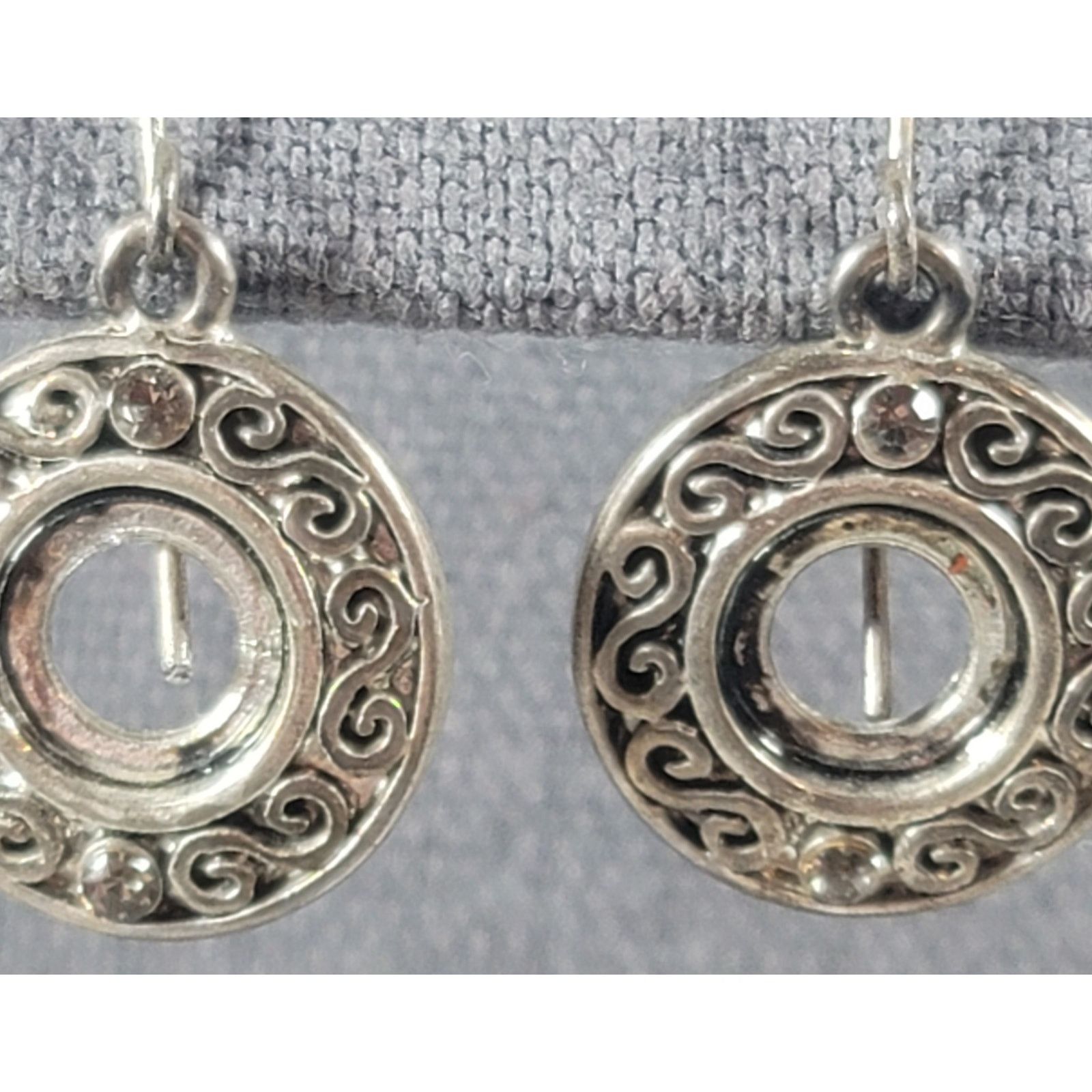 Other Round 1/2" Silver Detailed Work With Stones Dangle Earrings Size ONE SIZE - 2 Thumbnail