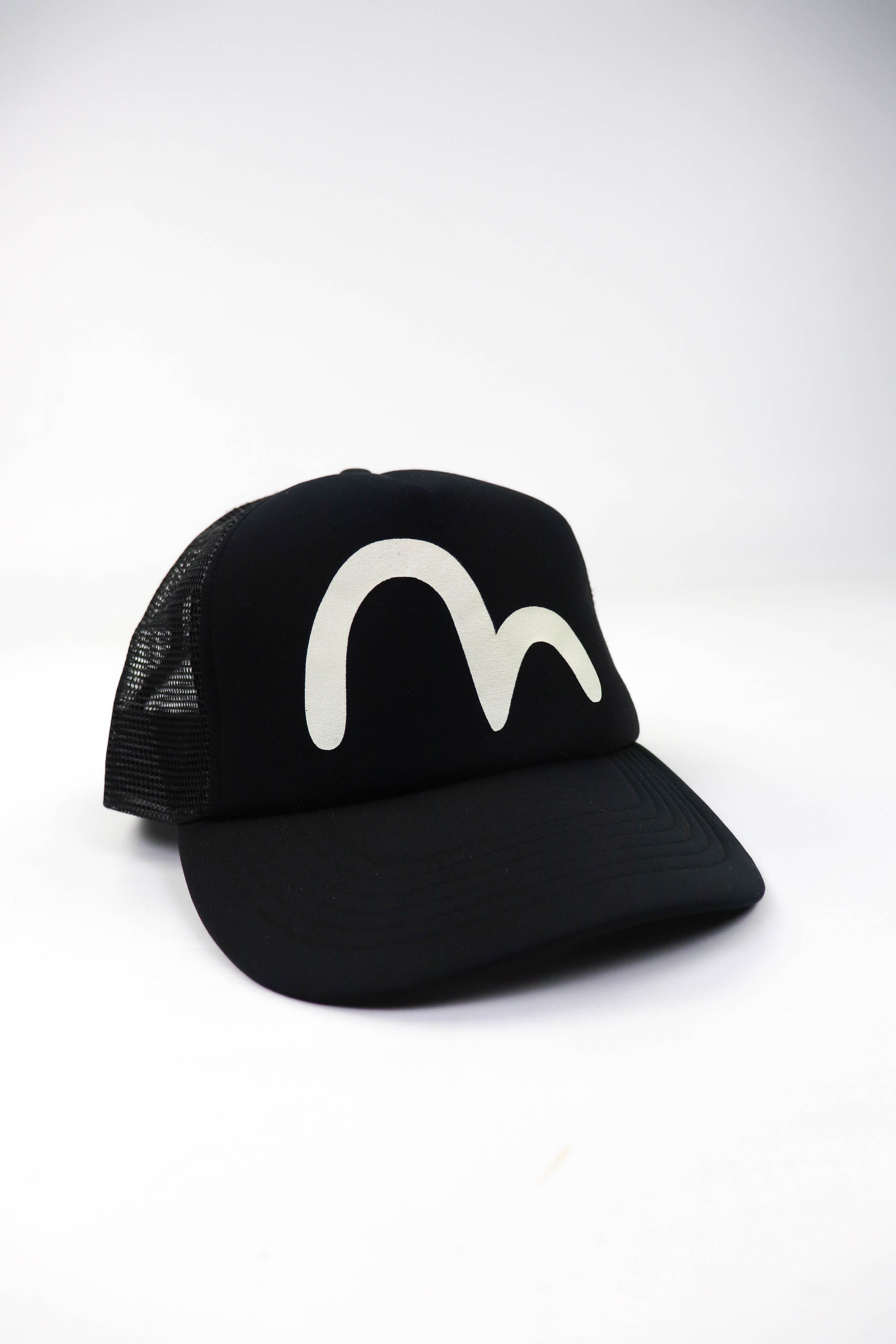 image of Evisu Vintage Classic Big Logo Black Trucker Cap, Men's