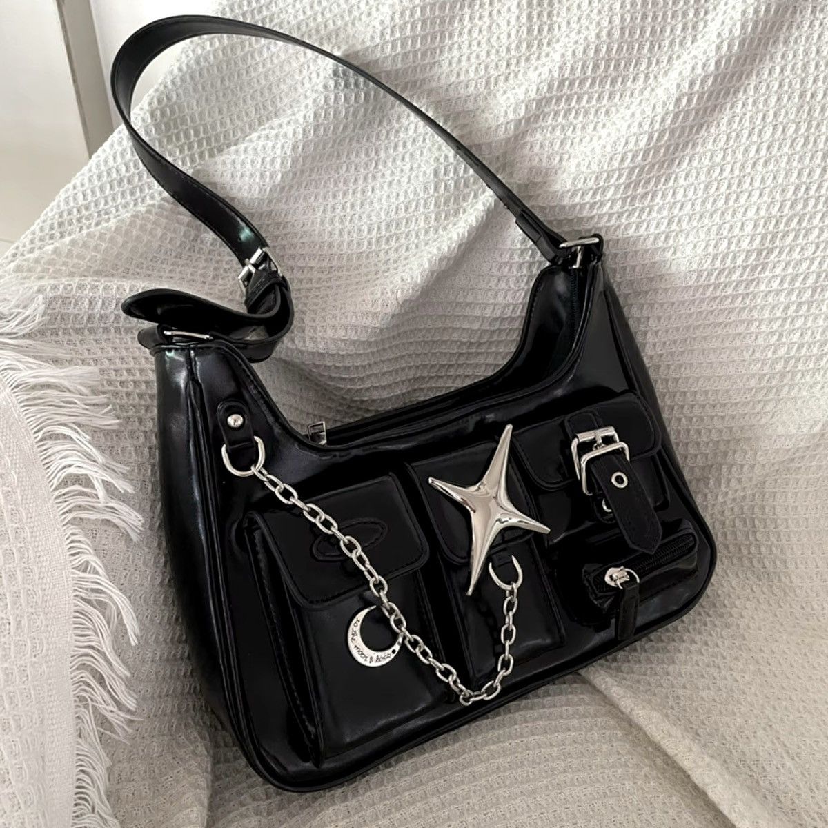 Other Gothic Punk Star Classic Black Shoulder Bag PU Leather Size ONE SIZE - 1 Thumbnail