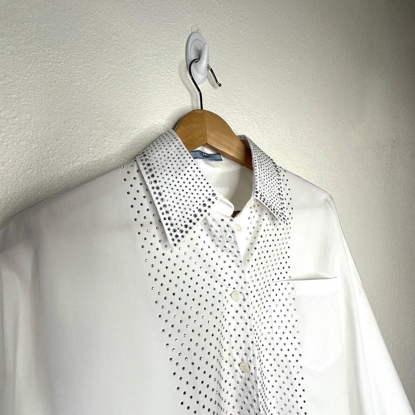 Prada Prada White Button Rhinestone Encrusted Collar & Front Shirt Size L / US 10 / IT 46 - 6 Thumbnail