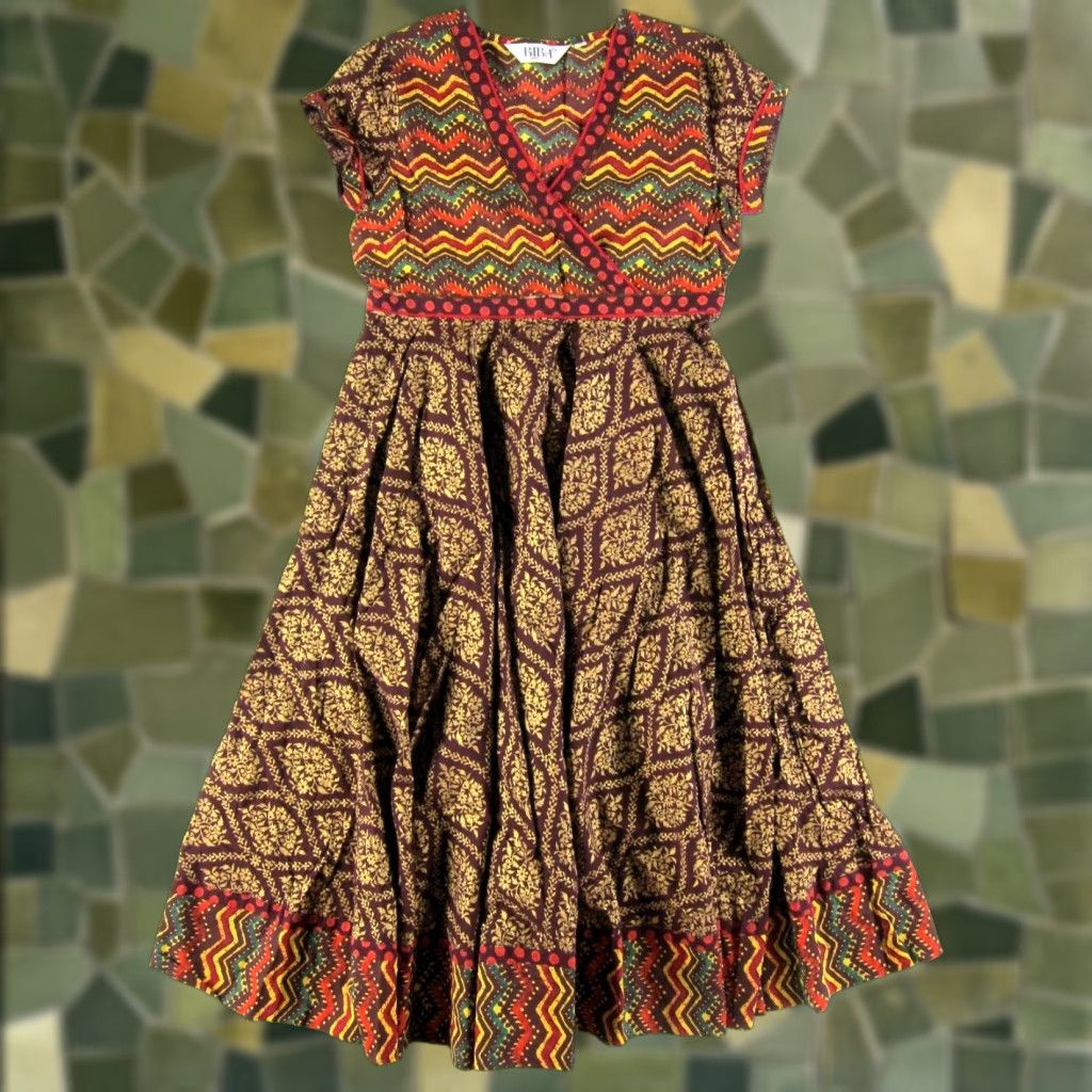 Vintage BIBA Cotton Floral V-Neck Short Sleeve Midi Kurta Dress XS Brown Green Red Women's Fashion Size 26" / US 2 / IT 38 - 1 Thumbnail