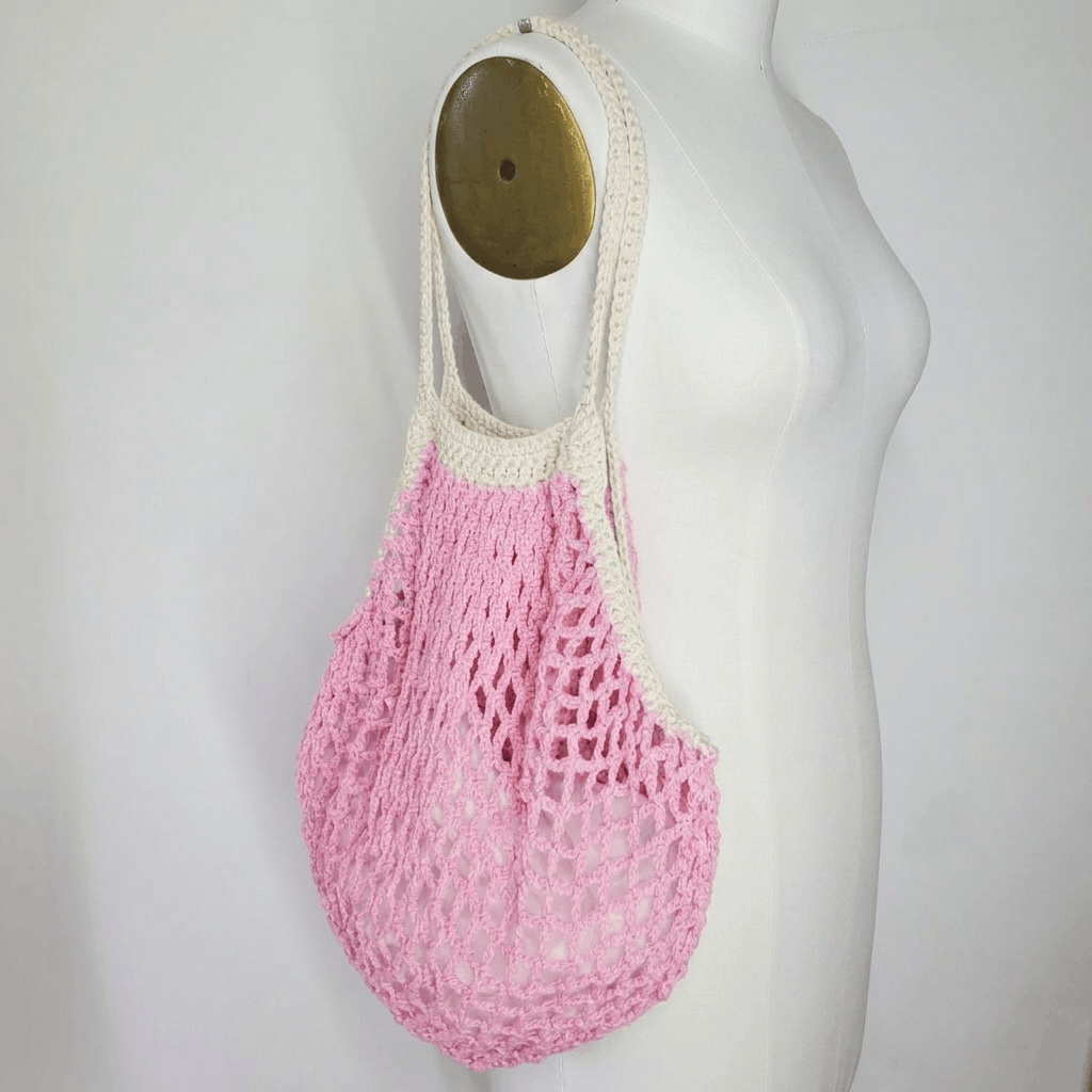 Handmade Market Bag Pink 100% Cotton Crochet French Farmers Net groc Size ONE SIZE - 4 Thumbnail