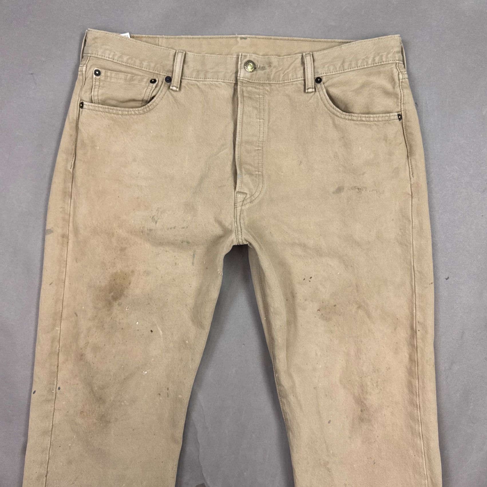 Levi's VINTAGE Levi's 501 Jeans 36x32 Beige Denim Button Fly Thrashed Workwear Distressed Stains Mens Pants 5-Pocket Denim Jeans Regular Fit Cotton Size US 36 / EU 52 - 3 Thumbnail