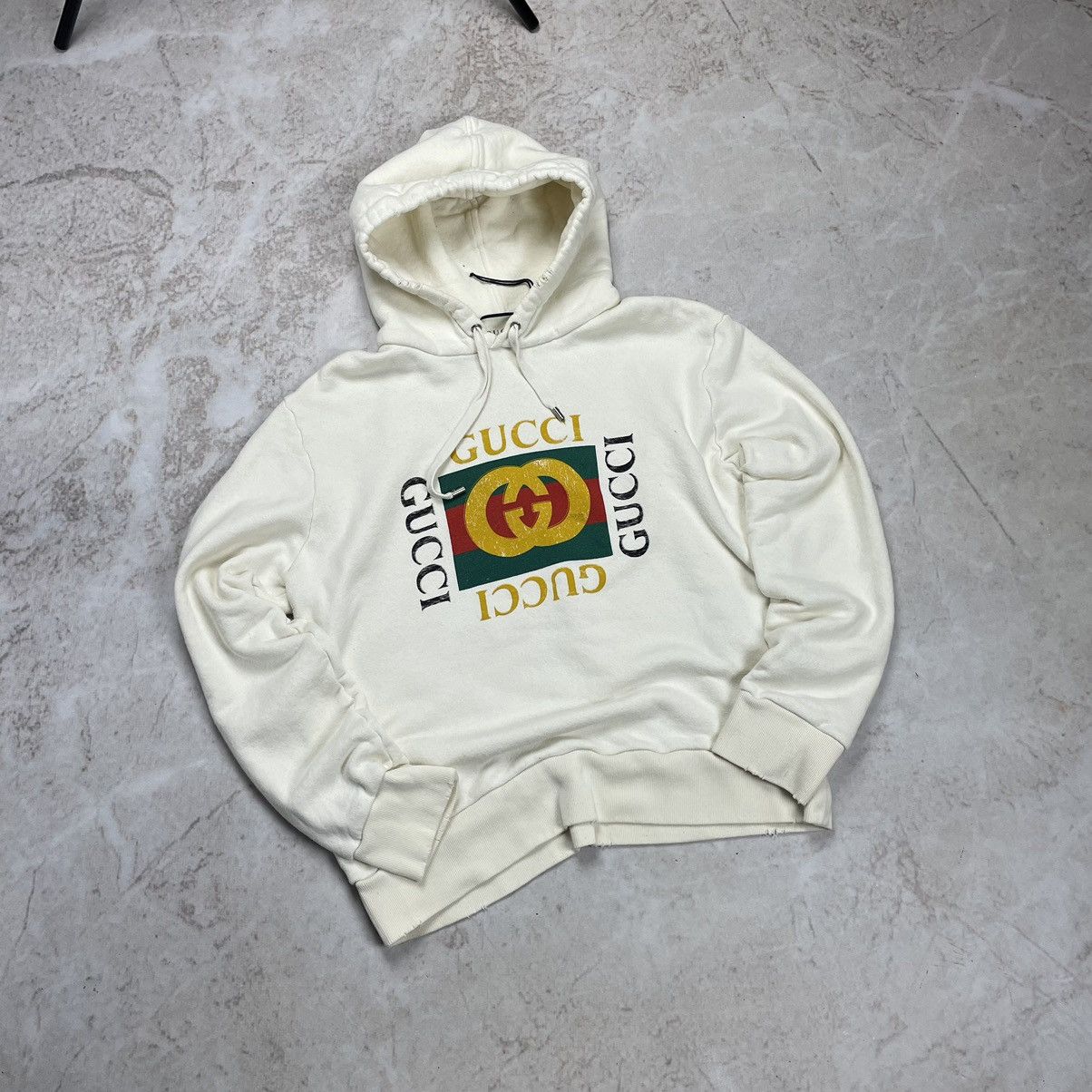 image of Gucci Square GG Box Logo Distressed Hoodie in Cream, Men's (Size Medium)