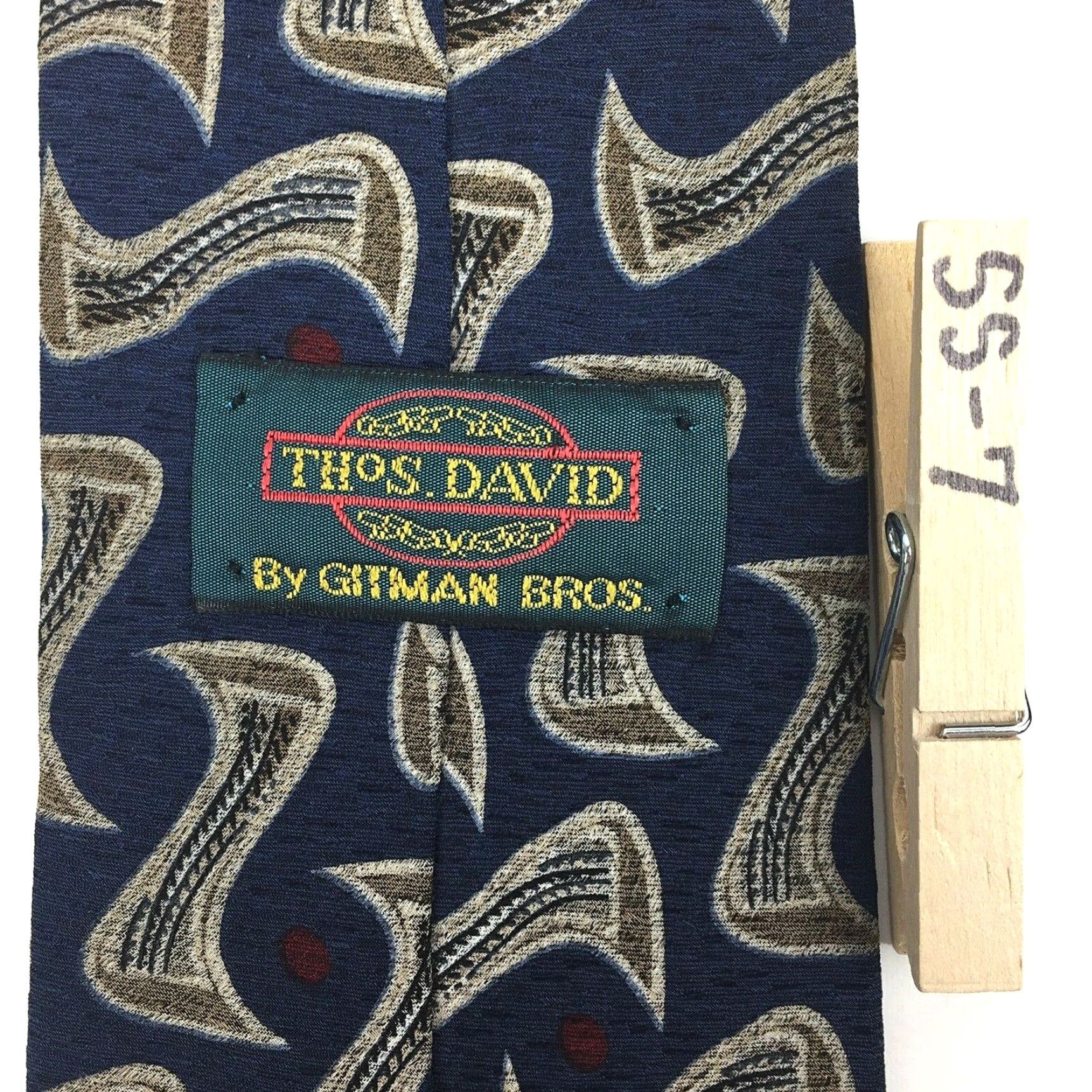 Vintage Gitman Brothers Thos David Necktie Blue Silk Hand Made Geometric Abstract Tie Men Short Length 58" width 4" Size ONE SIZE - 4 Thumbnail