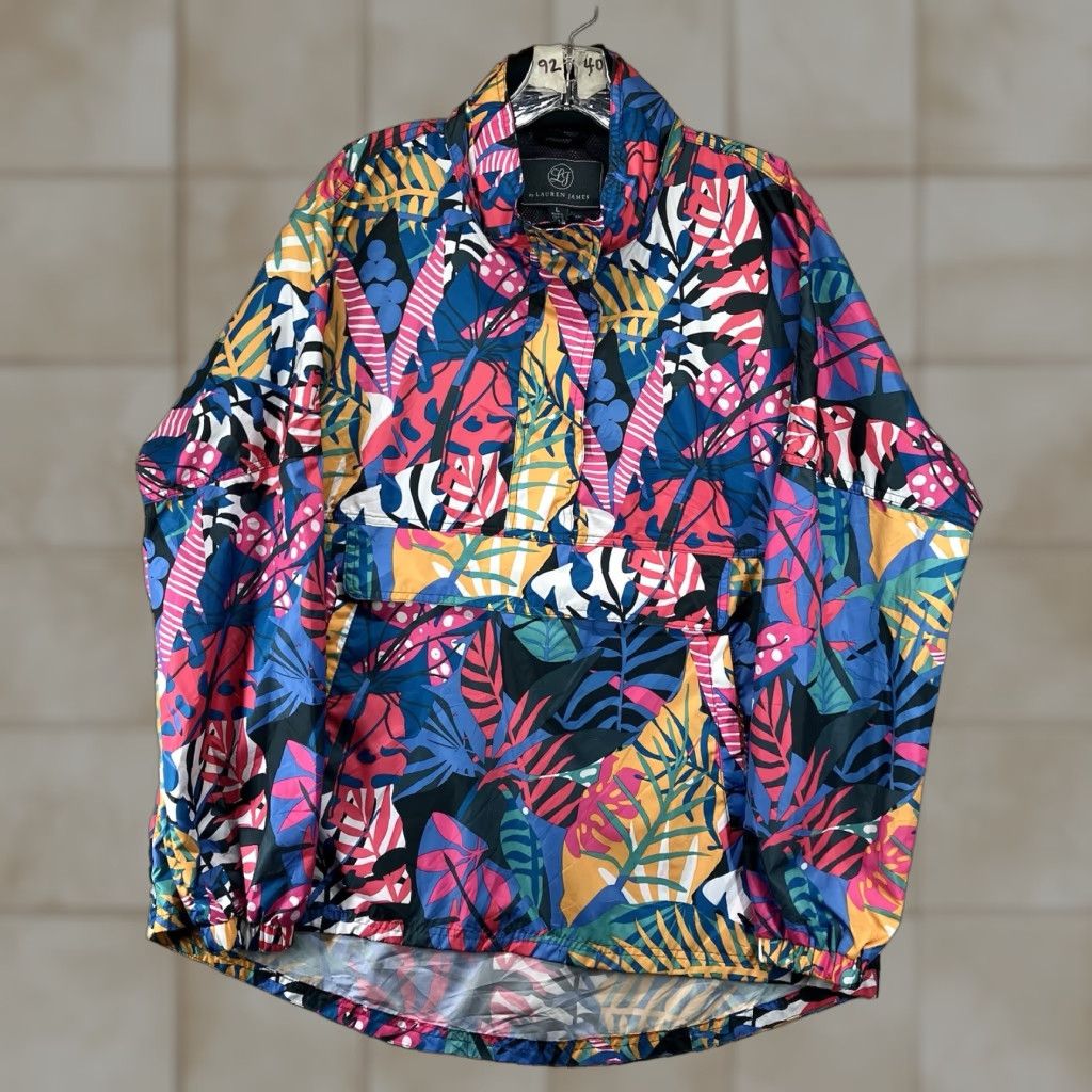 Rains LJ by Lauren James Colorful Floral Hooded Rain Jacket L Pink 1/2 Zip Snap Open Front Bohemian Womens Size L / US 10 / IT 46 - 1 Thumbnail