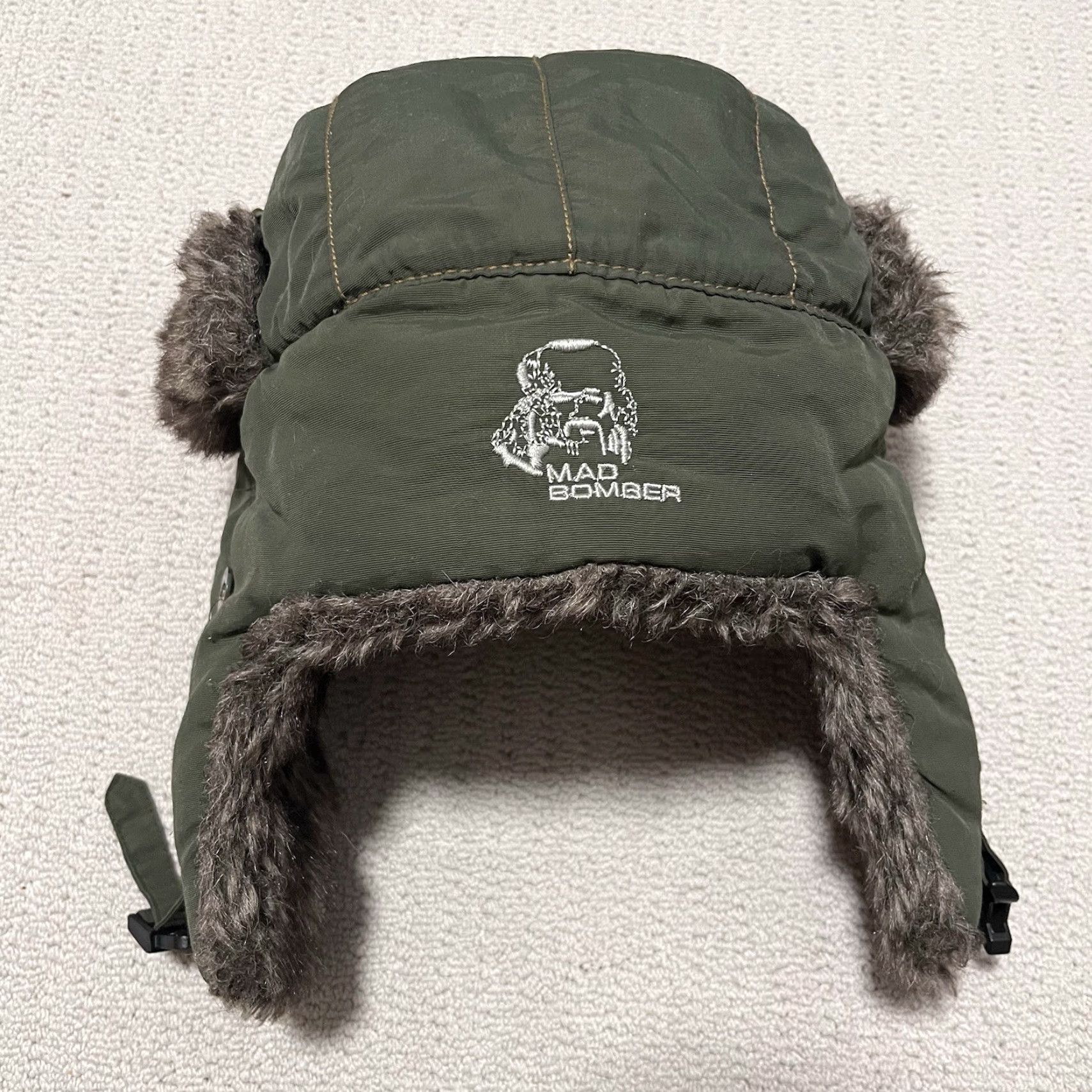 Olive Mad Bomber Hat Cap Trapper Fitted Adult Small Olive Green Faux Fur Ear Flaps Size ONE SIZE - 5 Thumbnail