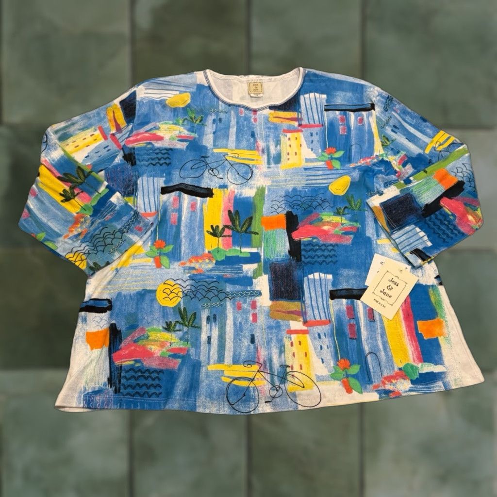 Vintage JESS & JANE Women's 2X Blue Geometric Long Sleeve Pullover Shirt Abstract Santorini Casual Grunge Size XXL / US 16-18 / IT 52-54 - 1 Thumbnail