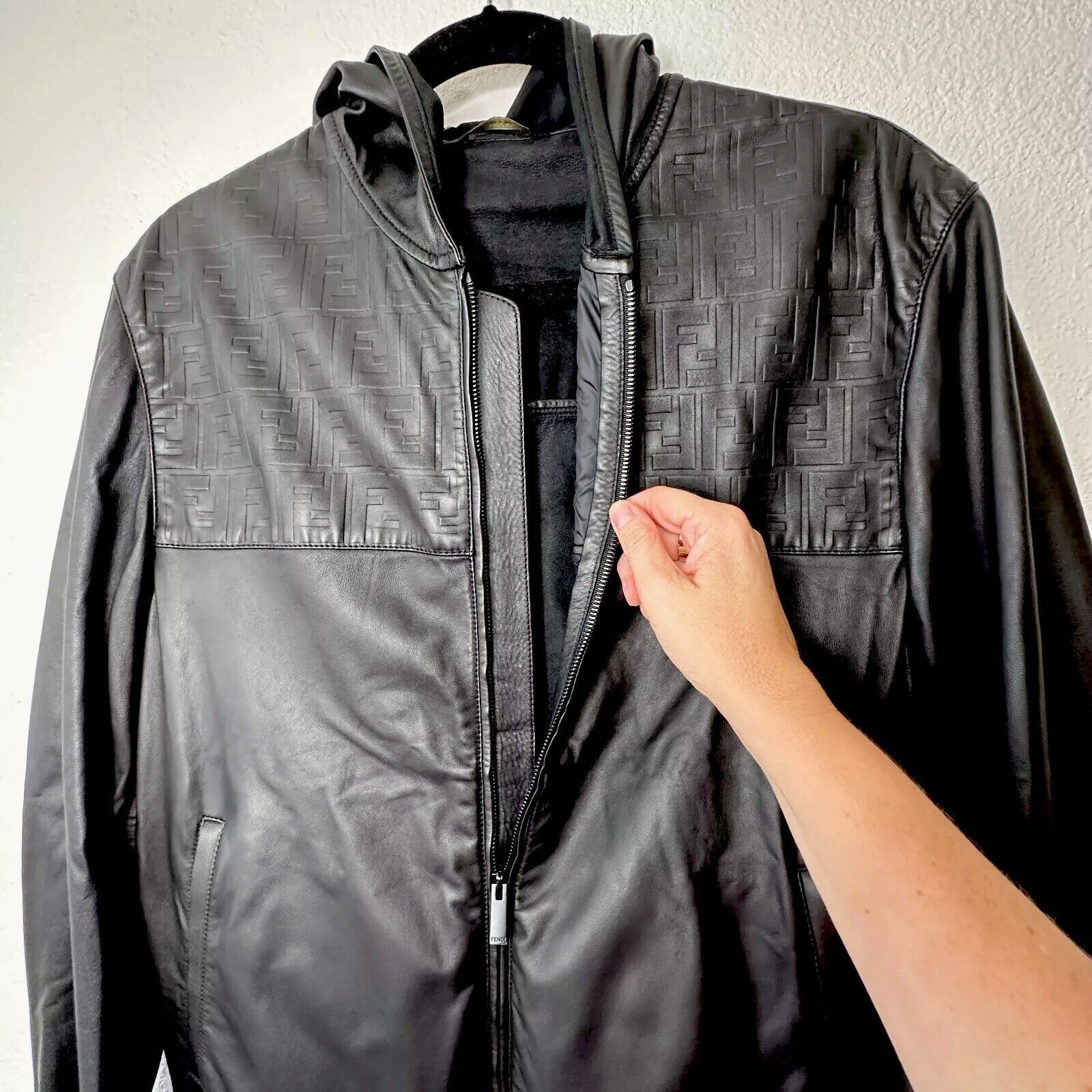 Fendi Fendi Black Leather Embossed Monogram Front Hooded Jacket Size US L / EU 52-54 / 3 - 9 Thumbnail