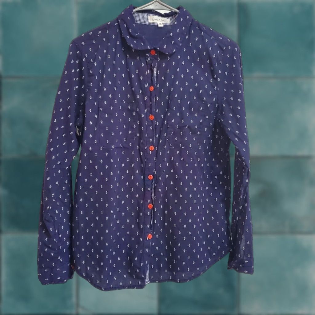 Vintage Eden & Olivia Button-Up Shirt Women PM Navy Blue Anchors Roll Tab Sleeve Casual Basic 100% Cotton Buttons Red Navy Nautical Size M / US 6-8 / IT 42-44 - 1 Thumbnail