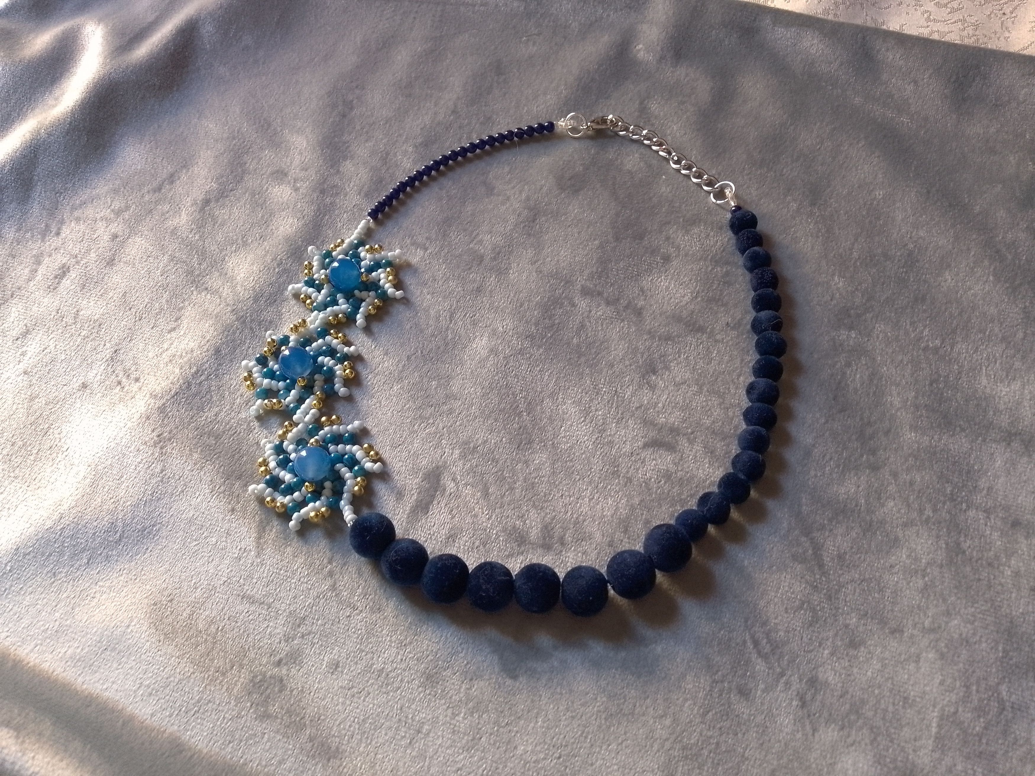 Handmade Glamour Necklace Blue Agate stones +Velvet dark Blue Pearls Size ONE SIZE - 5 Thumbnail