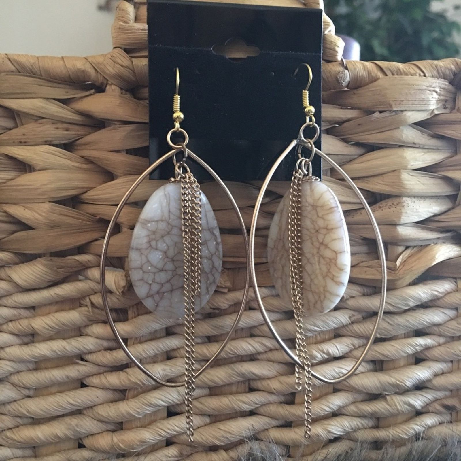 Jewelry Marble Glass Caged Stone Chain Accent Earrings in White, Women's