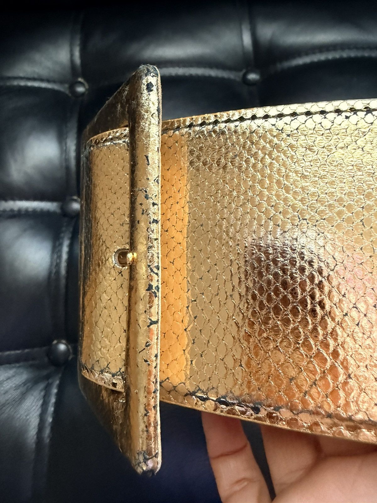 Other W. Kleinberg Wide Snakeskin Exotic Gold Leather Belt USA 34" Size ONE SIZE - 19 Thumbnail