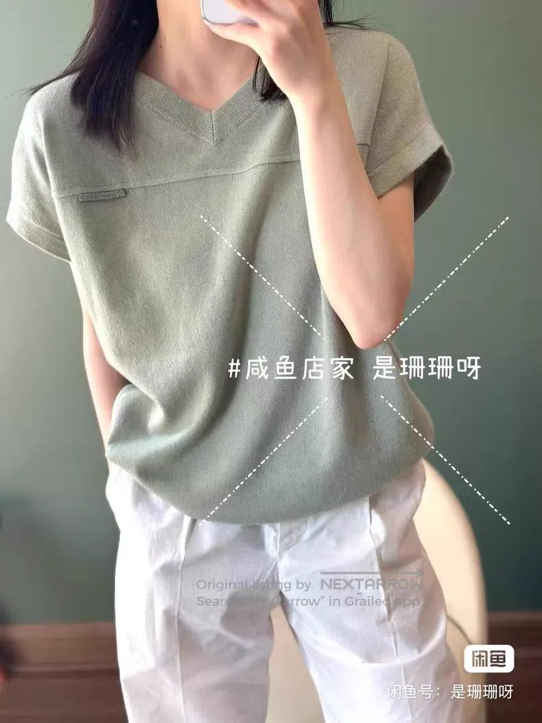 Brunello Cucinelli Brunello Cucinelli Avocado Cashmere Studded Short Sleeve Size XS / US 0-2 / IT 36-38 - 1 Thumbnail