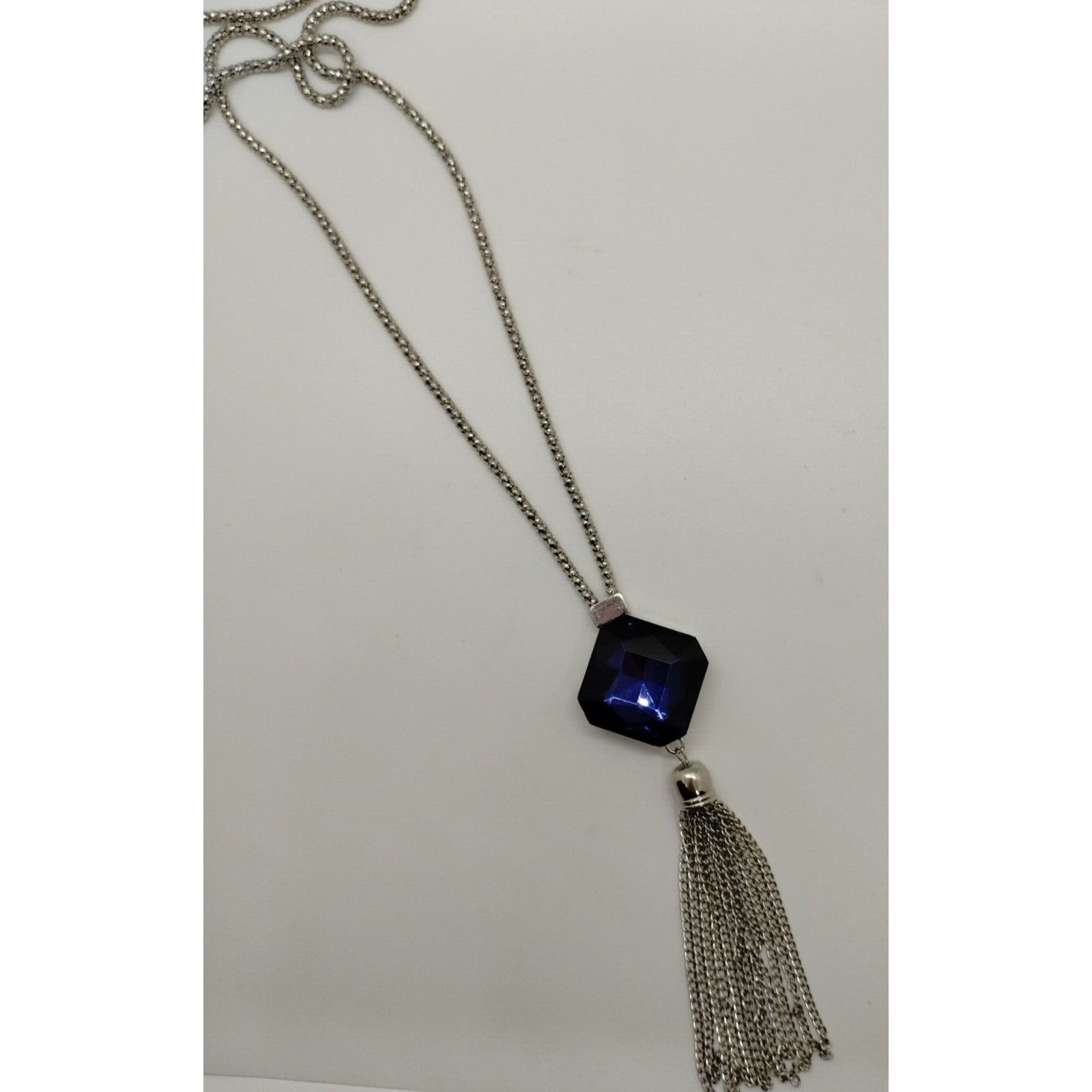Vintage Cara NY Long Silver Tone Necklace -Blue Glass Pendant Size ONE SIZE - 2 Thumbnail