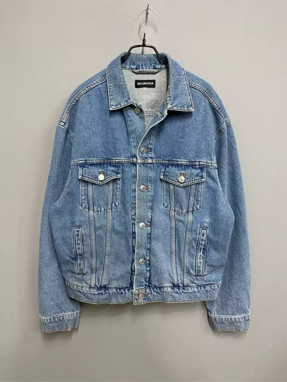 image of Balenciaga Seven Language Denim Jacket in Blue, Men's (Size Small)
