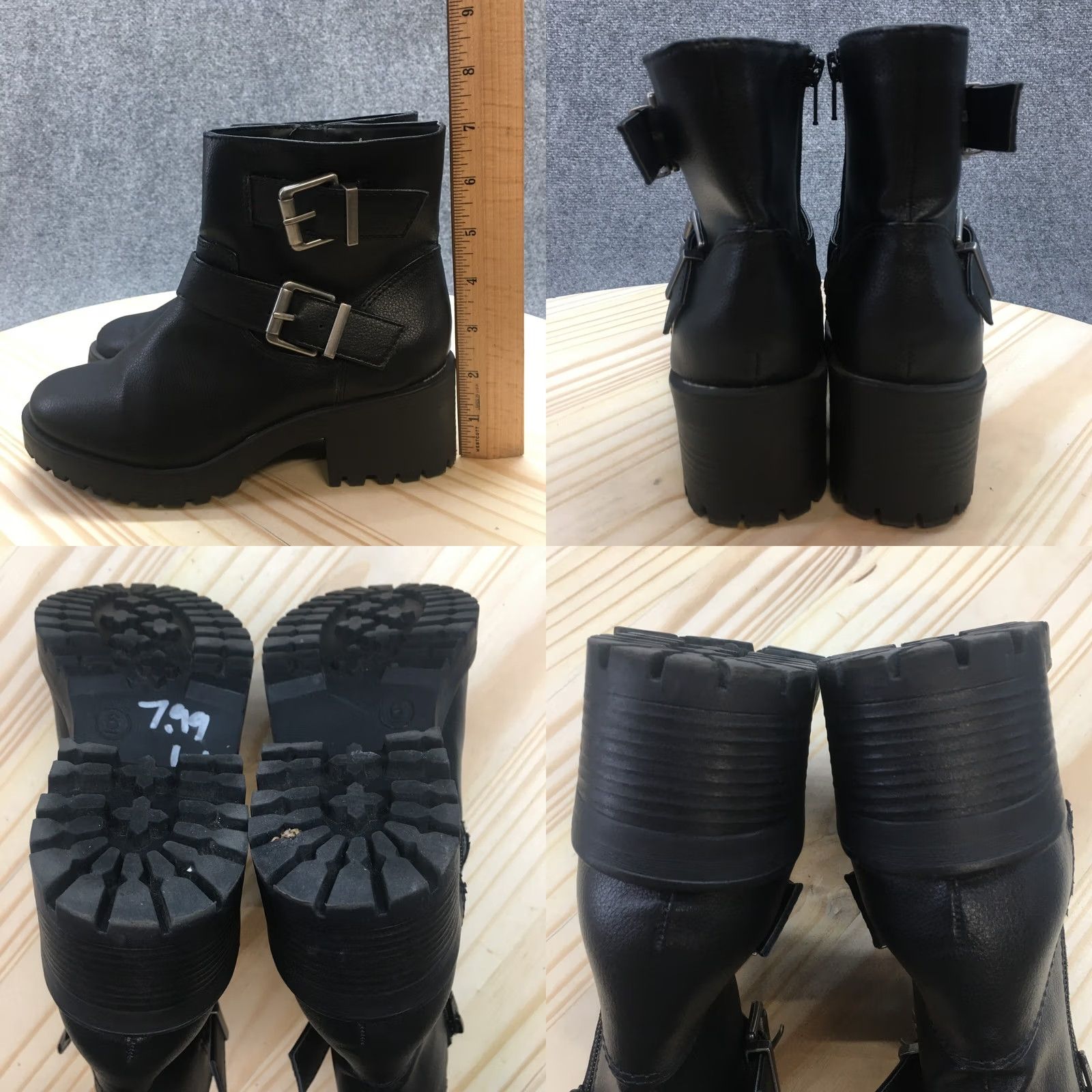 Vintage Universal Thread Boots Women Ankle Booties Zipper Black Faux Leather Buckle Heel Mid 2-2.9in Size 6 Size US 6 / IT 36 - 8 Thumbnail