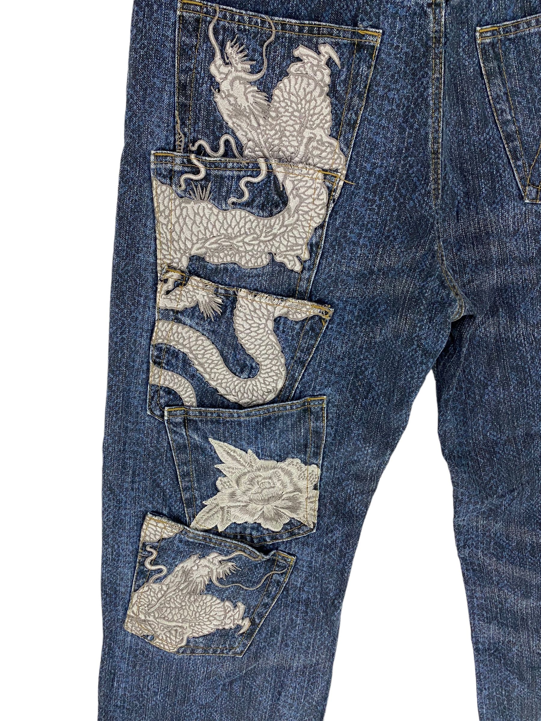 Japanese Brand Karakuri snake pattern embroidered dragon multipocket jeans Size US 35 - 9 Thumbnail