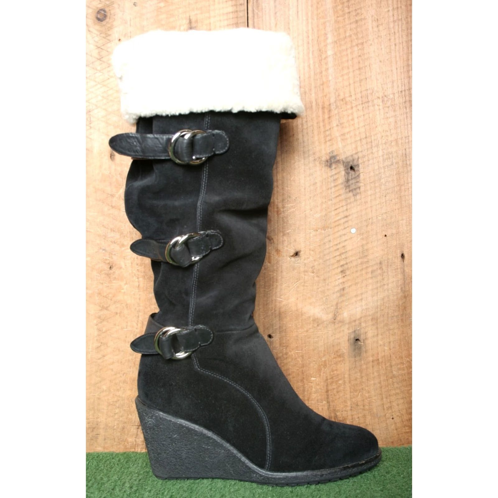 Cole Haan COLE HAAN 'Michelle' Black Suede Shearling Foldover Cuffed Knee High Boots 9.5 B Womens Shoes Wool Waterproof Knee High Heel Wedge 3-3.9 in Size US 10 / IT 40 - 2 Thumbnail