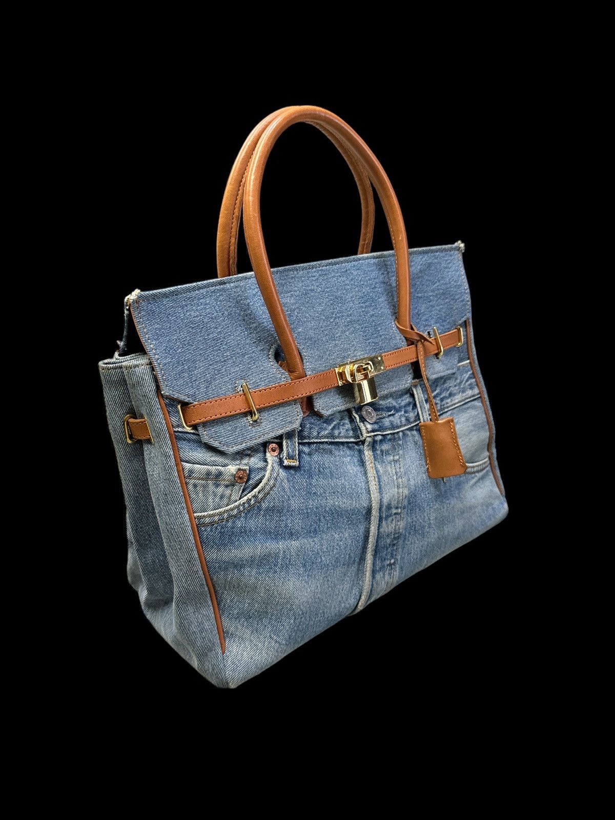 Handmade VINTAGE DENIM HANDMADE BIRKIN STYLE HANDBAG Size ONE SIZE - 4 Thumbnail