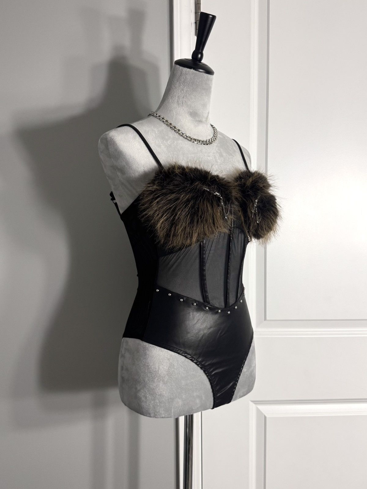 Other Futuristic Faux Fur Leather Corset Bodysuit Silver Hardware Size XS / US 0-2 / IT 36-38 - 6 Thumbnail