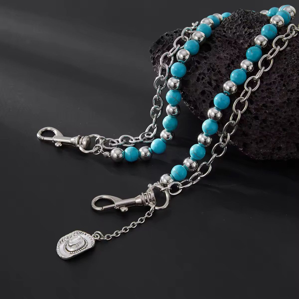 Jewelry Beaded Chain Belt with Silver Accents - Turquoise & Silver | Size ONE SIZE - 7 Thumbnail