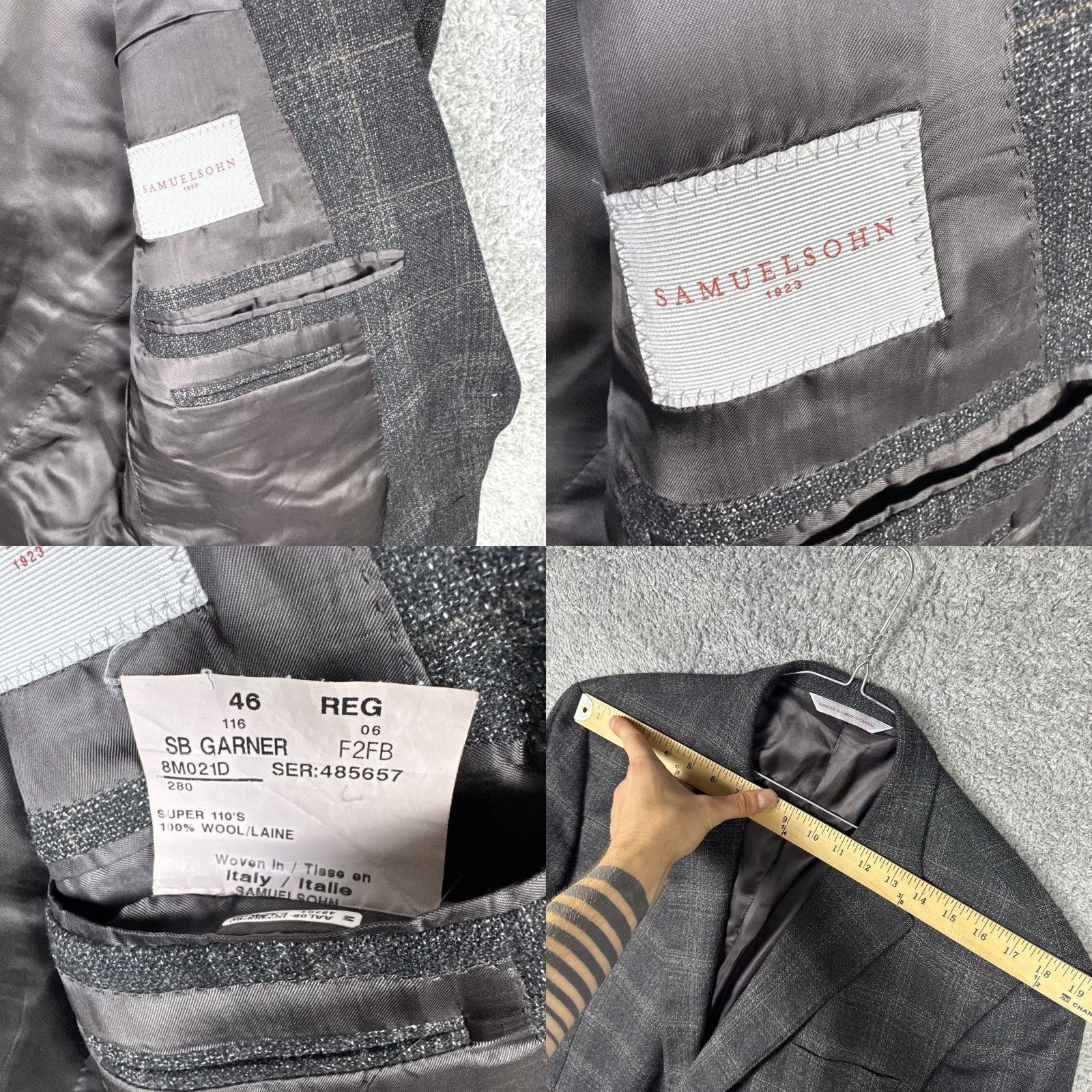 Vintage Samuelsohn Blazer Men 46R Wool Tweed Notch Lapel Single-Breasted Two-Button Black 1923 SB Garner Italy Vintage/Business/Formal Jacket Coat Medium? Size 46R - 9 Thumbnail