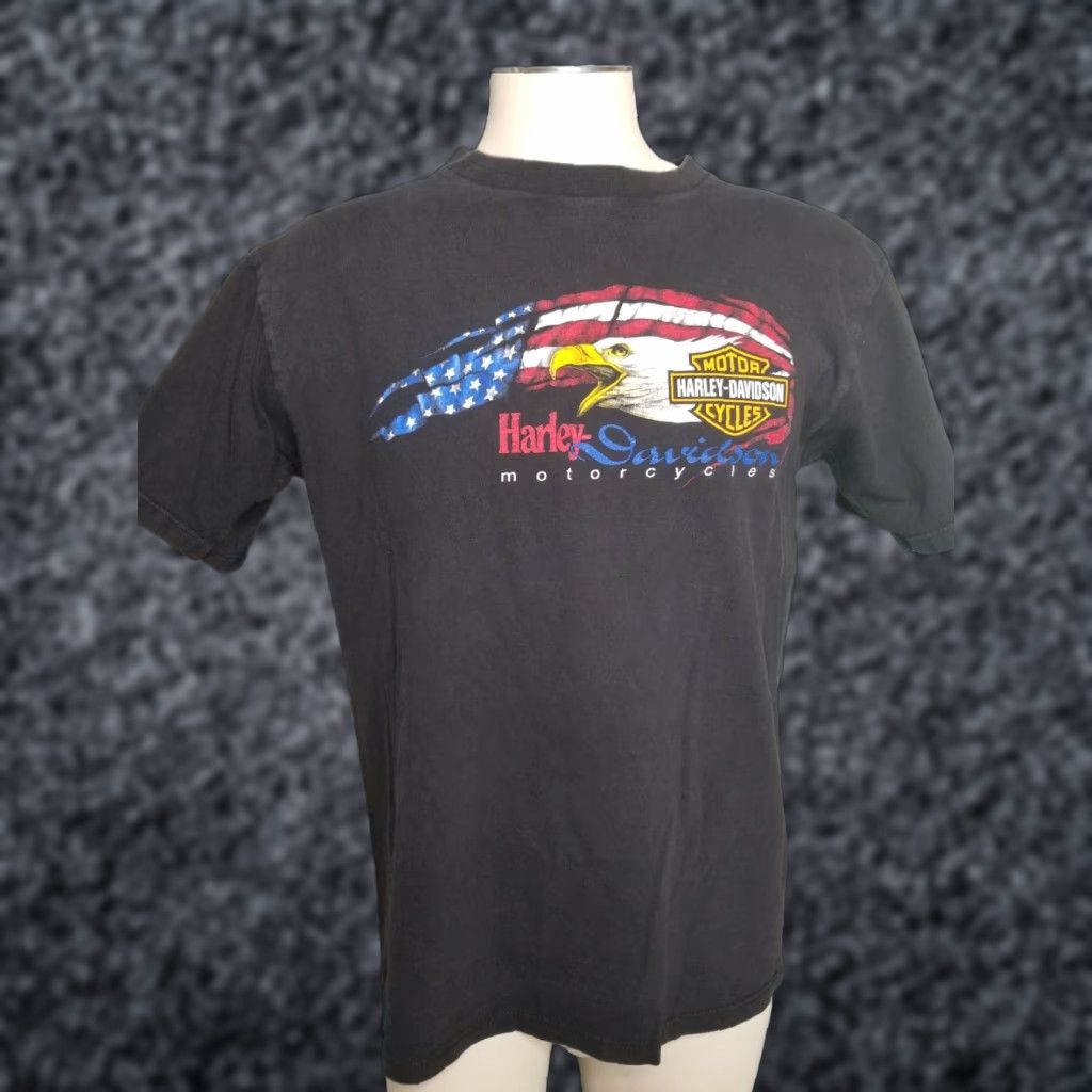 Harley Davidson VINTAGE Harley-Davidson T-Shirt Main Point: American Eagle Flag Patriotic Shirt Adult Large Black Short Sleeve Crew Neck Cotton 90s Theme Mens Size US L / EU 52-54 / 3 - 1 Thumbnail