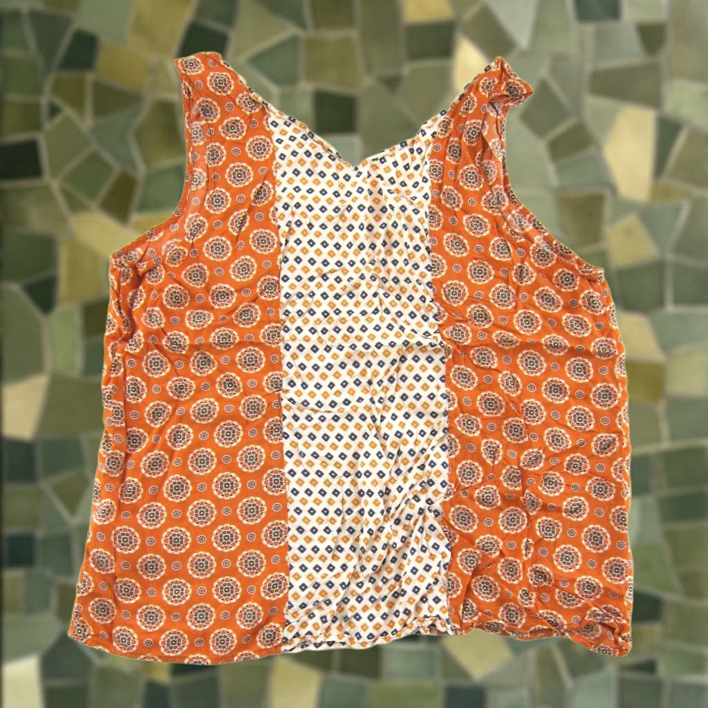 Lucky Brand Lucky Brand Geometric Tank Blouse Woman XL Orange Geometric Tank Top Casual Sleeveless Rayon 70s Retro Floral Summer Blouse Womens XL Size XL / US 12-14 / IT 48-50 - 1 Thumbnail