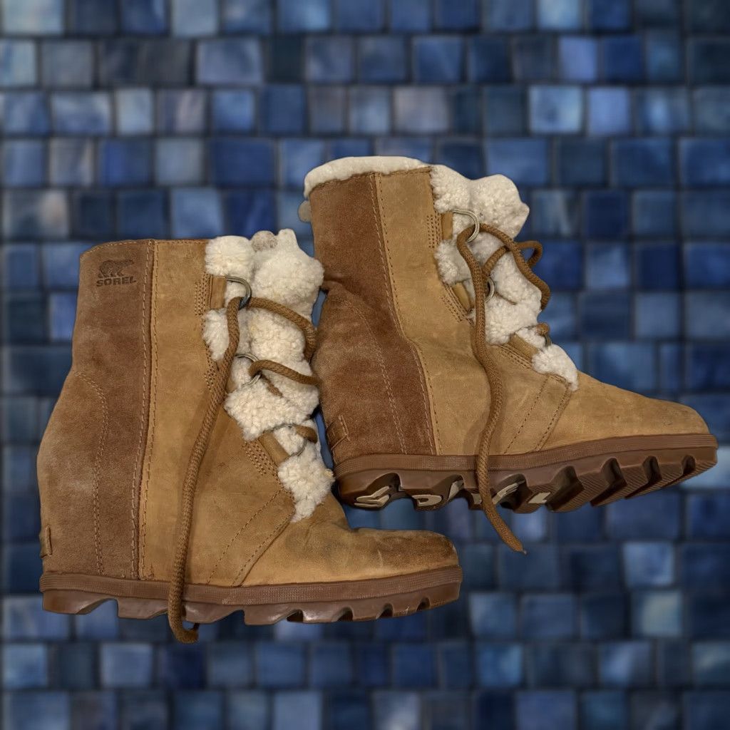 SOREL Sorel Joan Of Arctic Wedge II Shearling Brown Winter Boots US Women Size 8.5 Nubuck Mid-Calf Warm Fur Trim Shearling Rubber Heel Wedge Casual Size US 9 / IT 39 - 1 Thumbnail