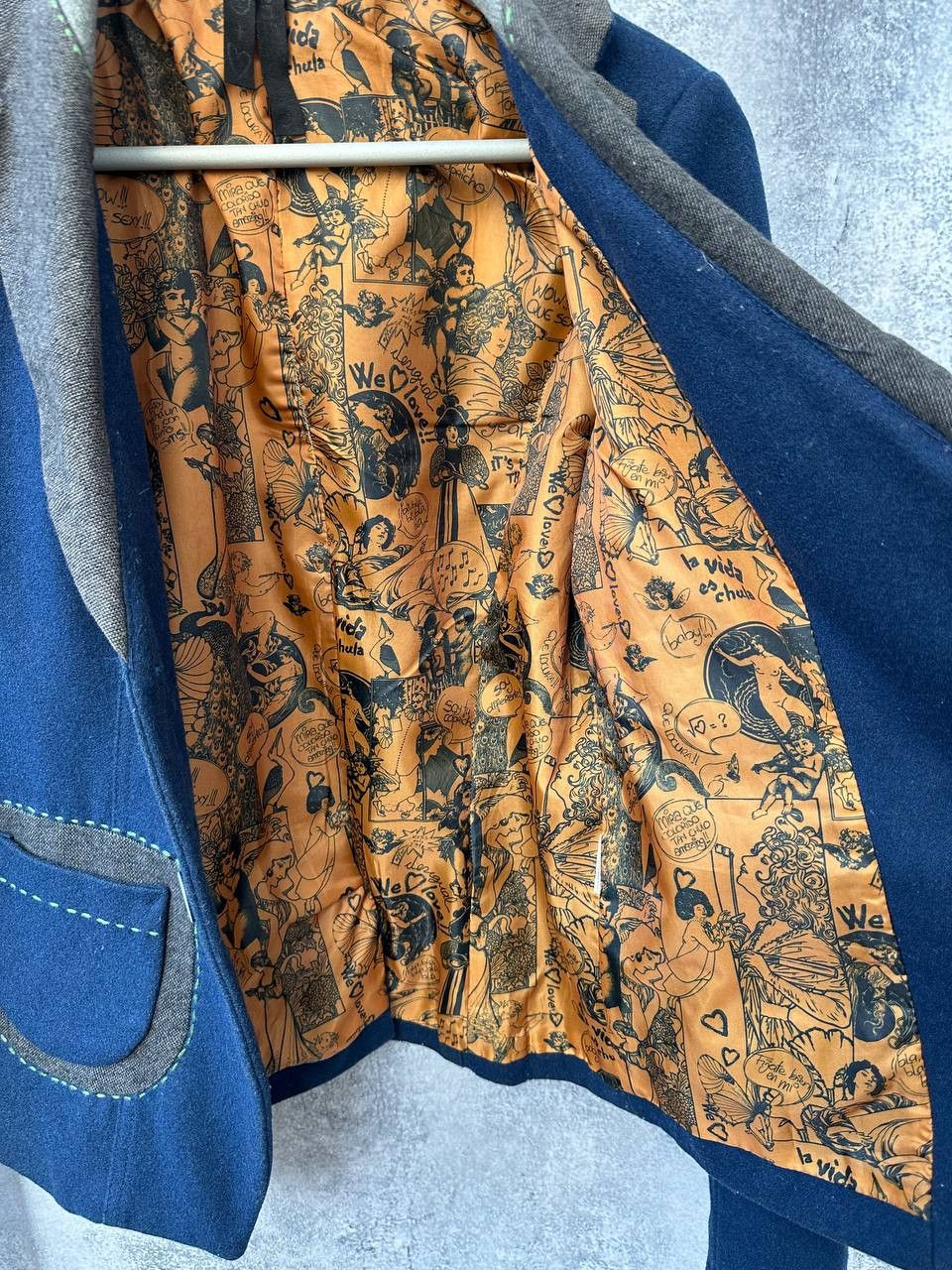 Desigual × Vintage Desigual Patchwork Wool Blazer Navy Blue with Graphic Lining Size XS / US 0-2 / IT 36-38 - 11 Thumbnail