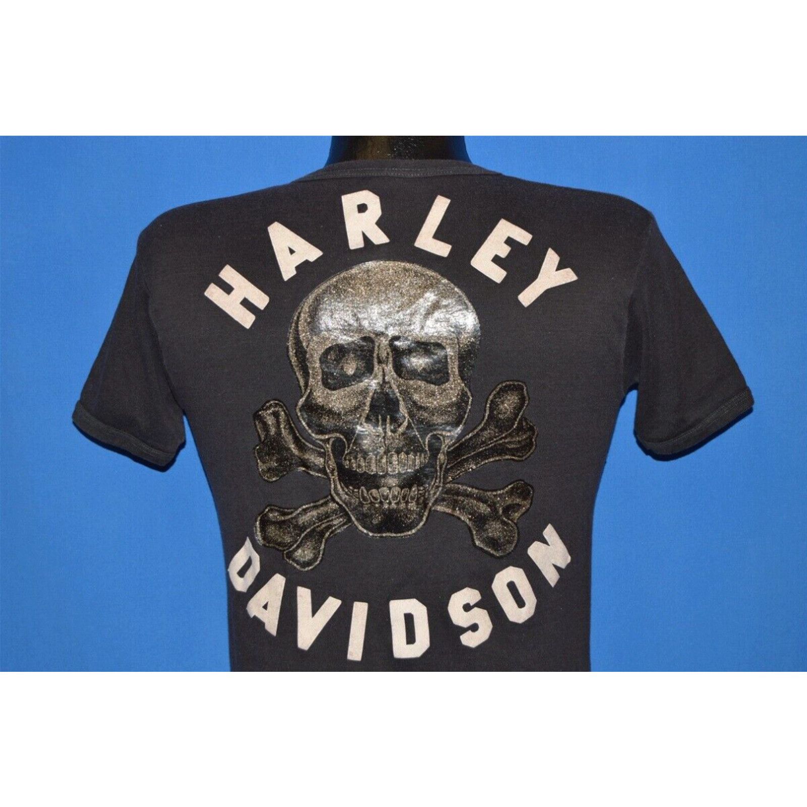 Image of Vintage 70's Harley Davidson Eagle Skull Glitter Iron On Black T-Shirt Small S in White, Men's