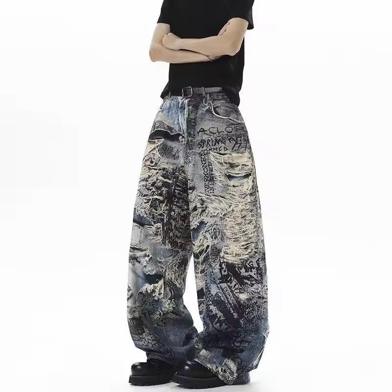 Japanese Brand Printed Distressed Denim Pants Wide-Leg, Graffiti Streetwear Size US 26 / EU 42 - 5 Thumbnail