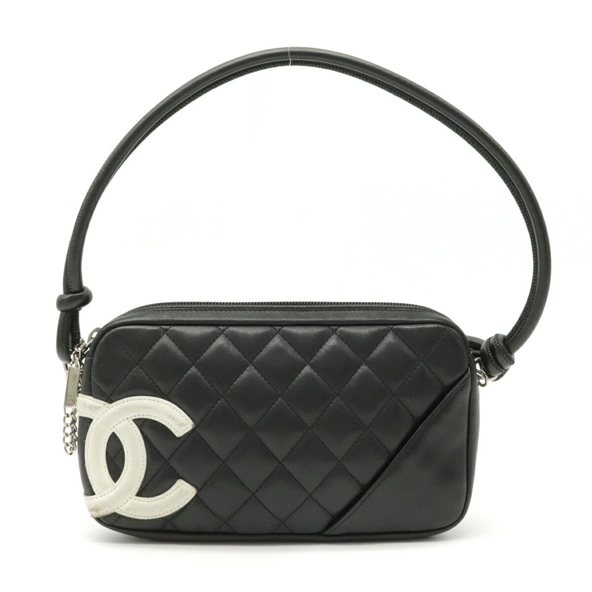 Chanel Cambon Line Cocomark Accessory Pouch Shoulder Bag Leather Black White