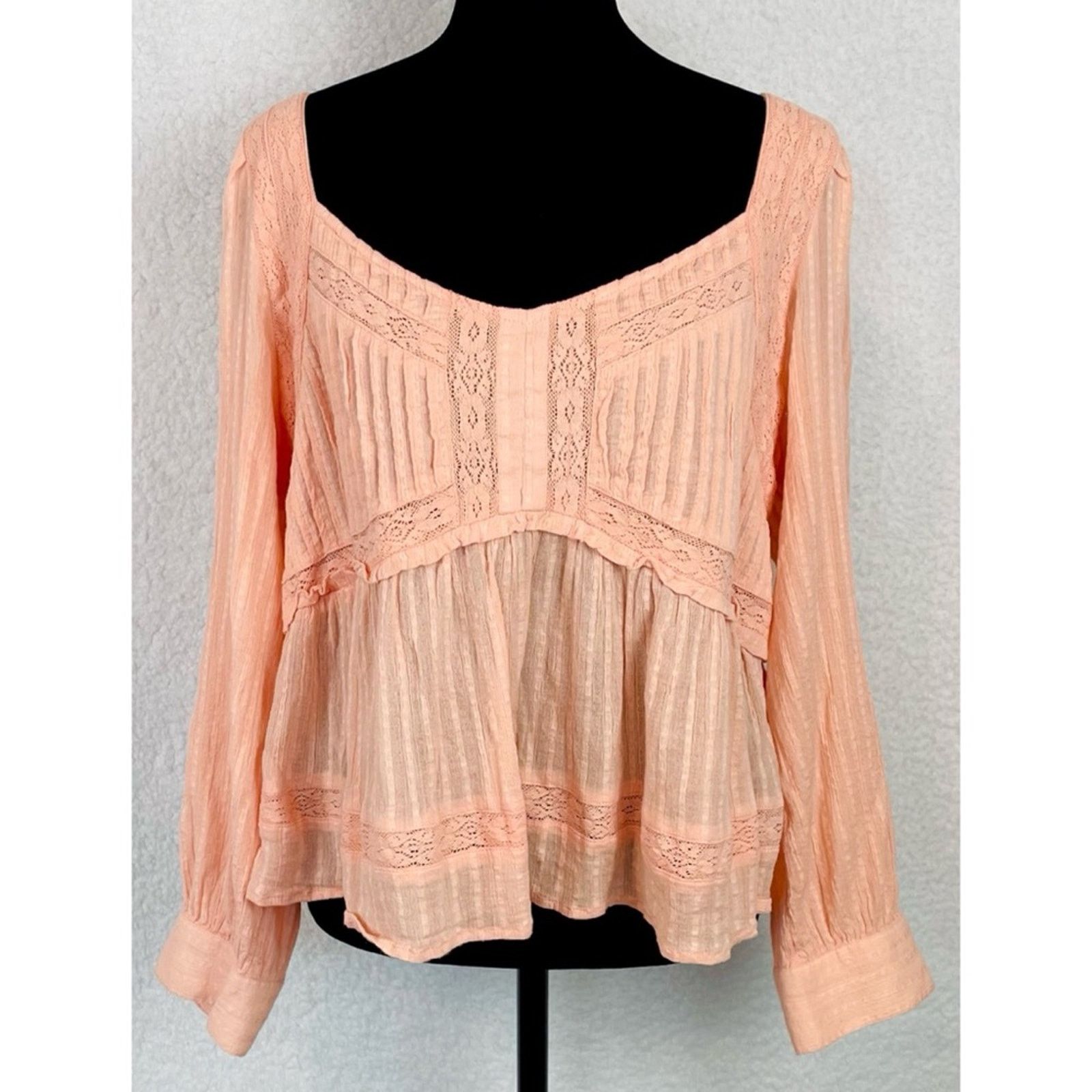 American Eagle Outfitters AMERICAN EAGLE • Peach Boho Long Sleeve Babydoll Blouse Size L / US 10 / IT 46 - 4 Thumbnail