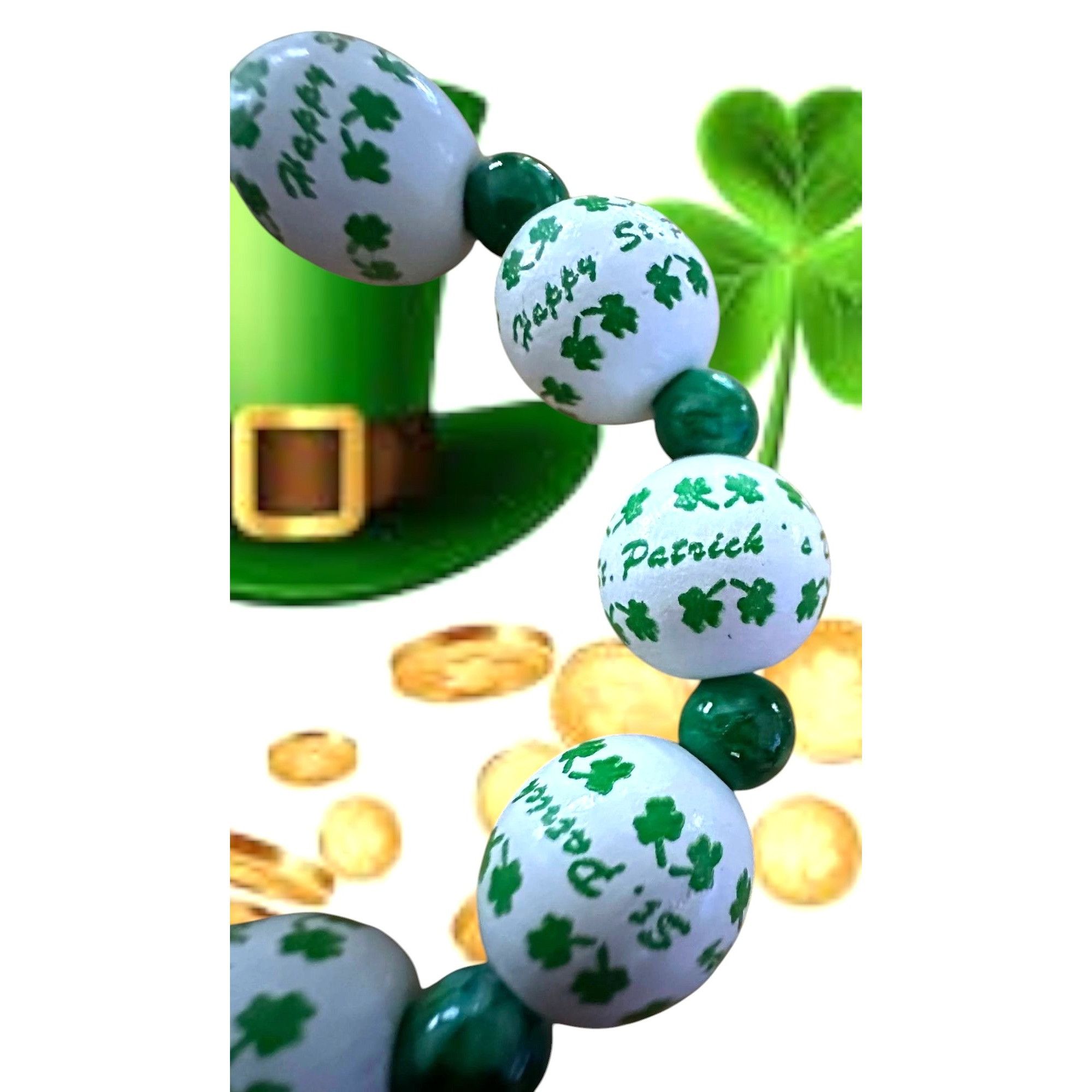 Handmade Happy St Patricks Day Shamrock Wood Beaded Stretch Bracelet Size ONE SIZE - 7 Thumbnail