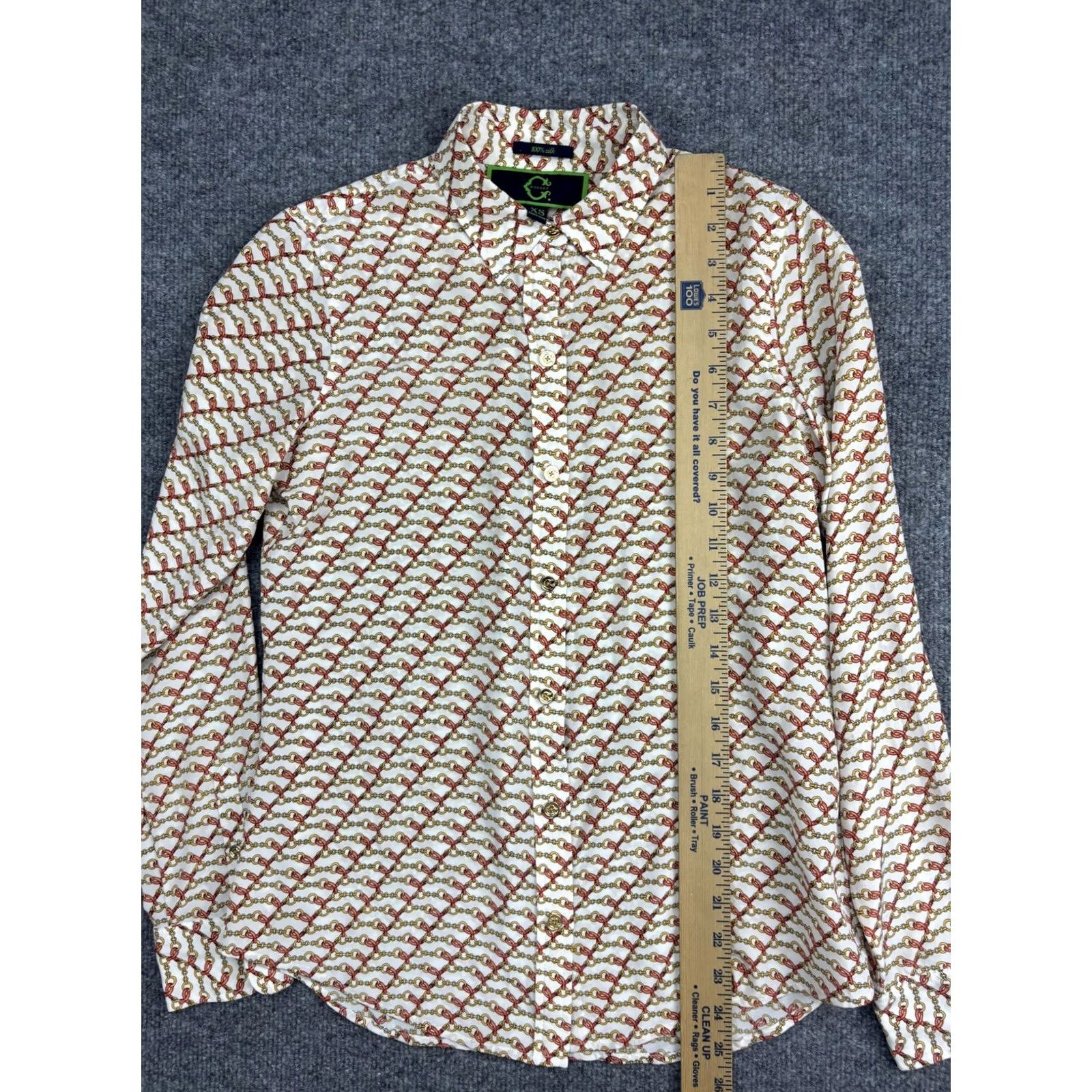 Vintage C. Wonder Shirt Womens XS White Red Gold Chain Print 100% Silk Button-Up Blouse Size XS / US 0-2 / IT 36-38 - 3 Thumbnail