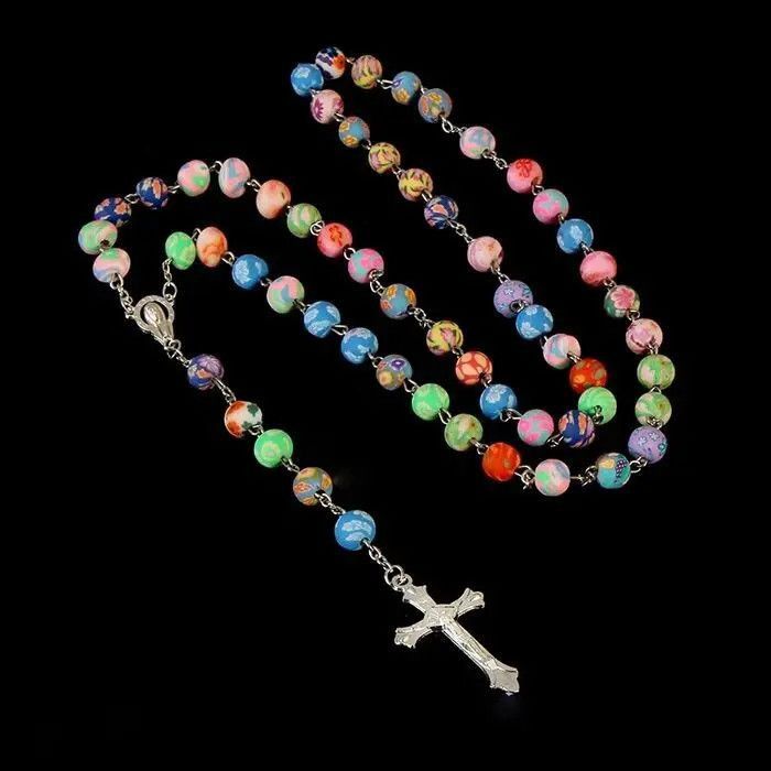 Pre-owned Jewelry X Vintage 8mm Ceramic Rosary - Catholic Clay Jesus Cross Necklace In Silver
