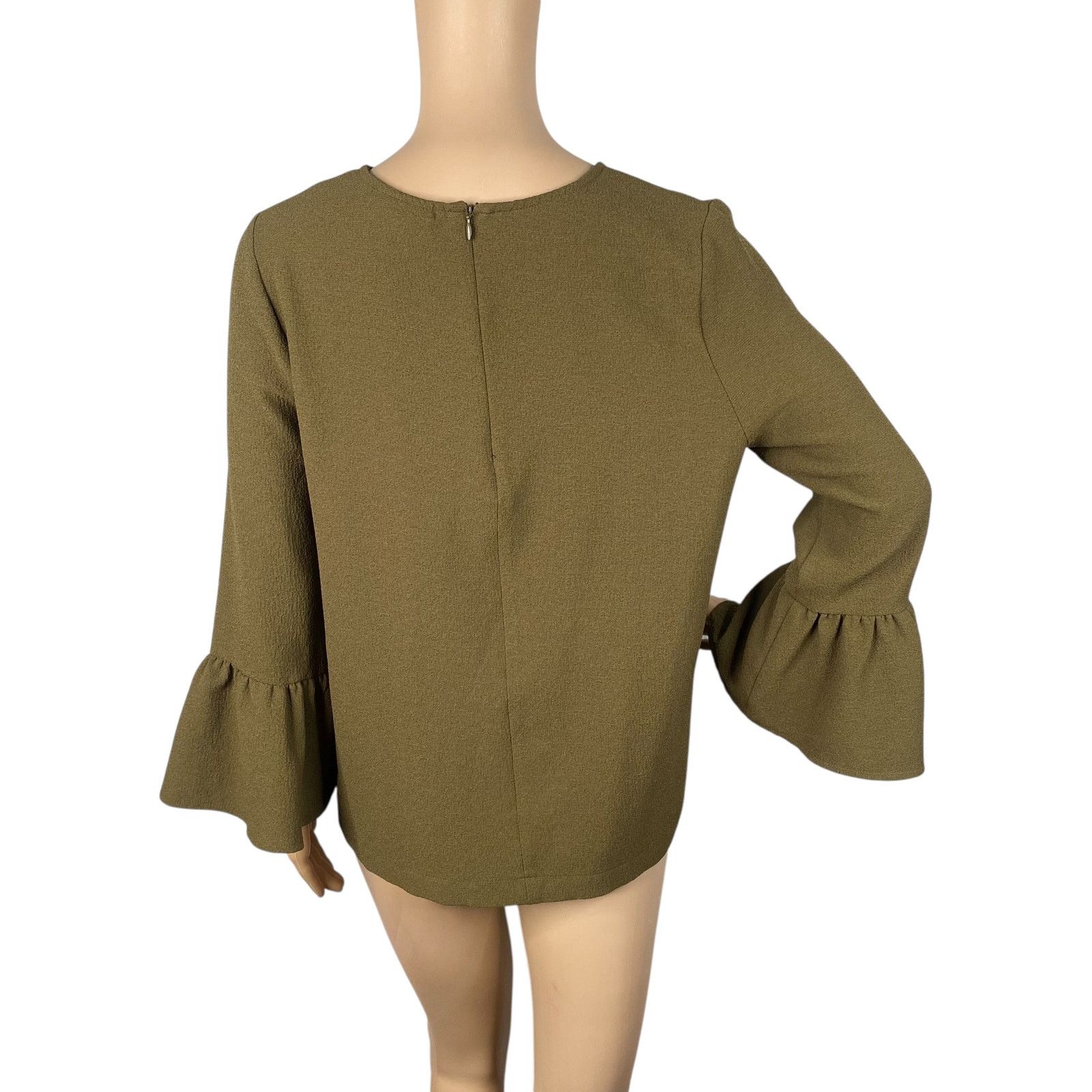 Ganni Ganni Clark Olive Green Crepe Bell Sleeve Crew Neck Top SZ S Size S / US 4 / IT 40 - 7 Thumbnail