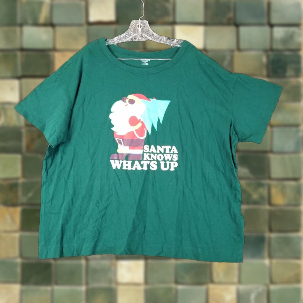 Old Navy VINTAGE Old Navy Santa Knows Whats Up Short Sleeve Graphic Tee Mens Big 2X Green Christmas Santa Claus Shirt Size US 39 - 1 Thumbnail