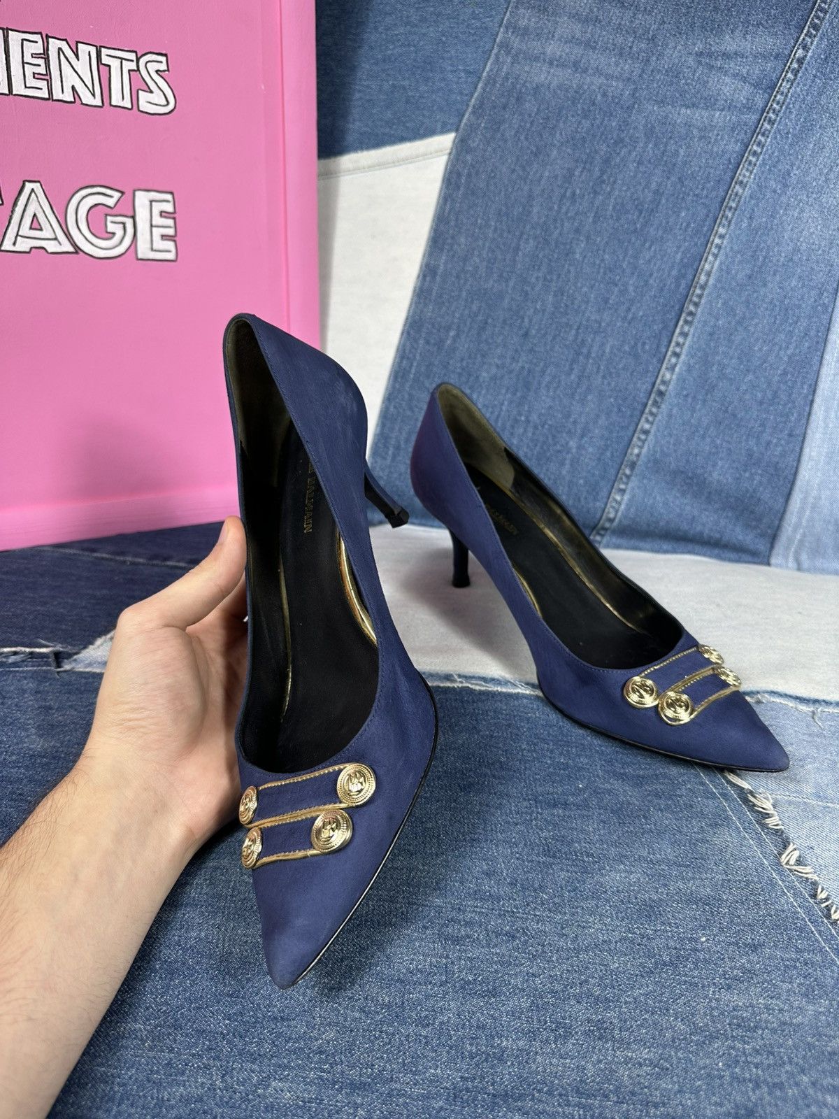 Pierre Balmain Pierre Balmain Heels Suede Blue Shoes Gold Hardware Pins Size US 11 / IT 41 - 11 Thumbnail