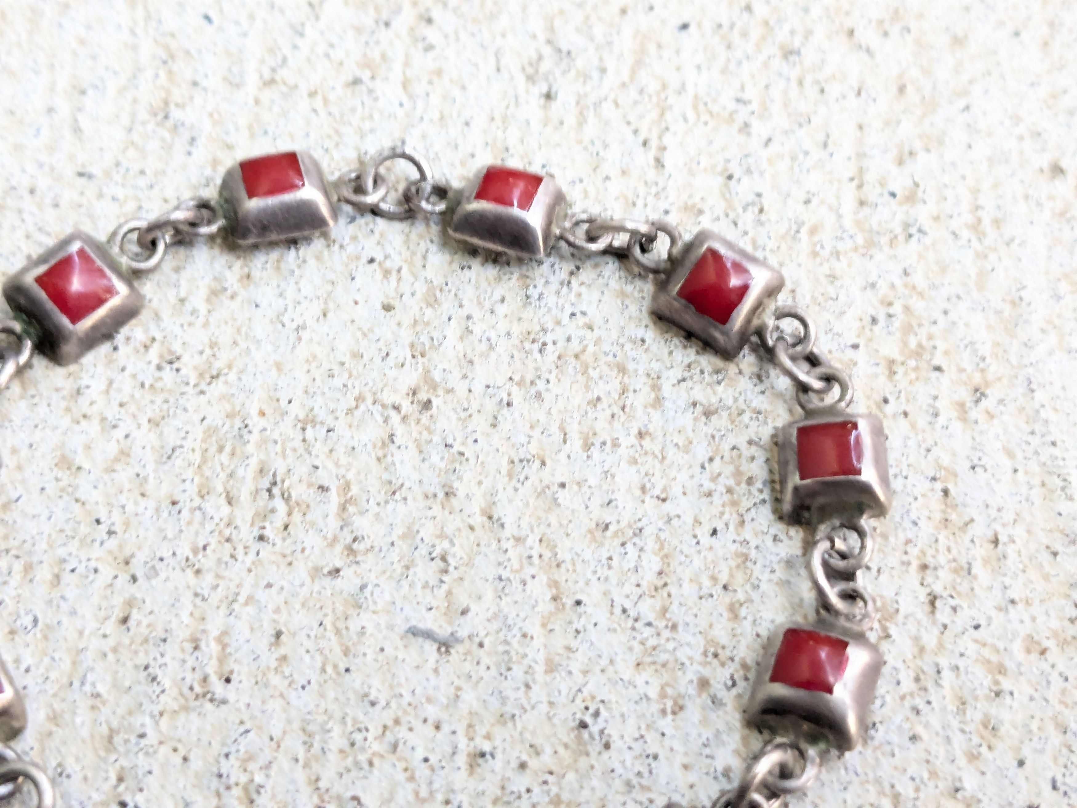 Jewelry Vintage Sterling Silver Bracelet Red Enamel Square Mexico Size ONE SIZE - 4 Thumbnail