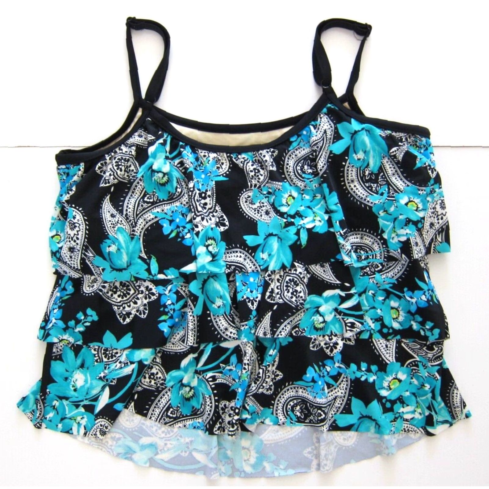 Vintage Maxine Of Hollywood Black Blue Floral Paisley Built In Bra Swim Tankini Top 22W Size 3XL / US 20-22 - 2 Thumbnail