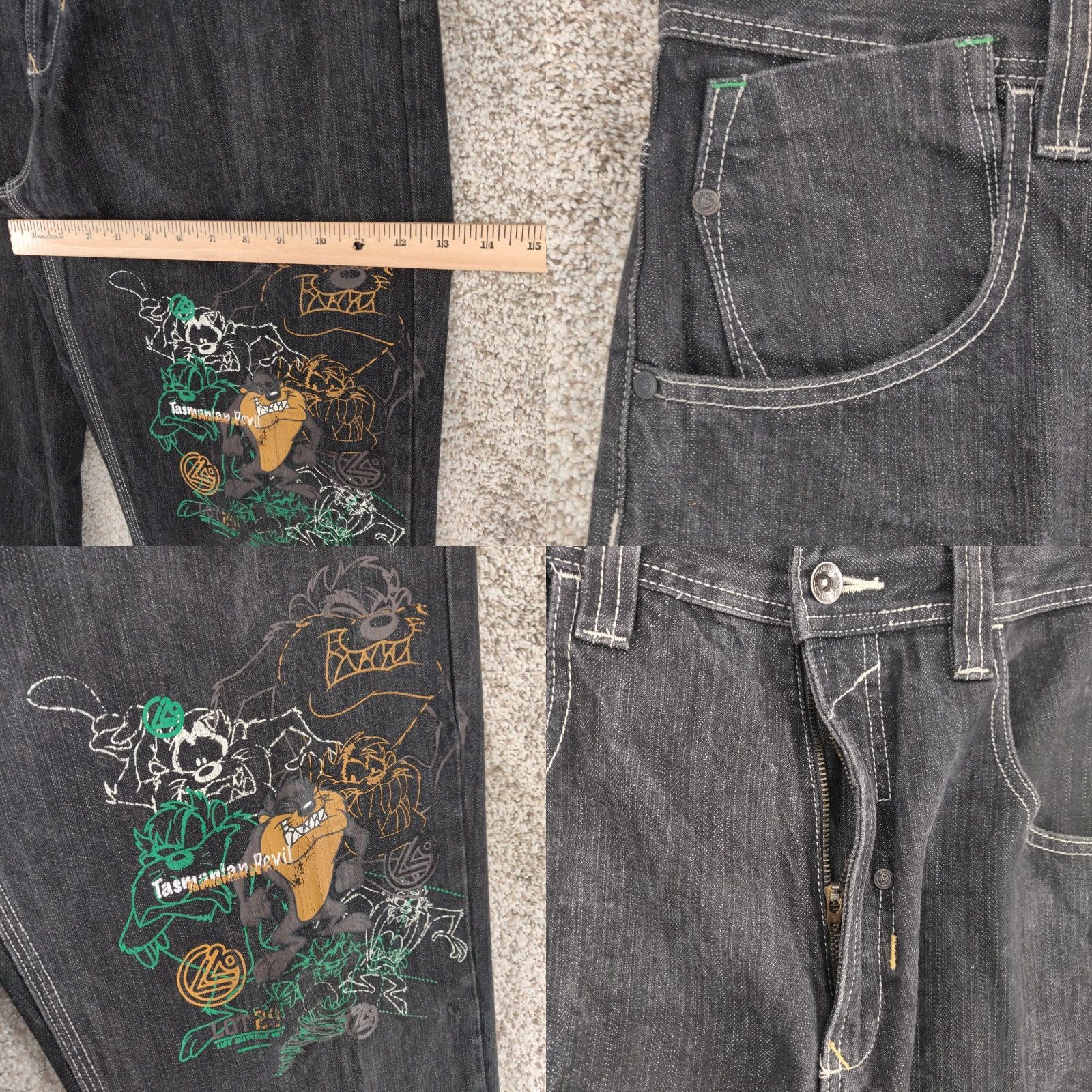 VINTAGE Lot 29 Tasmanian Devil Baggy Jeans Mens 34x33 Black Hip Hop Grunge Y2K